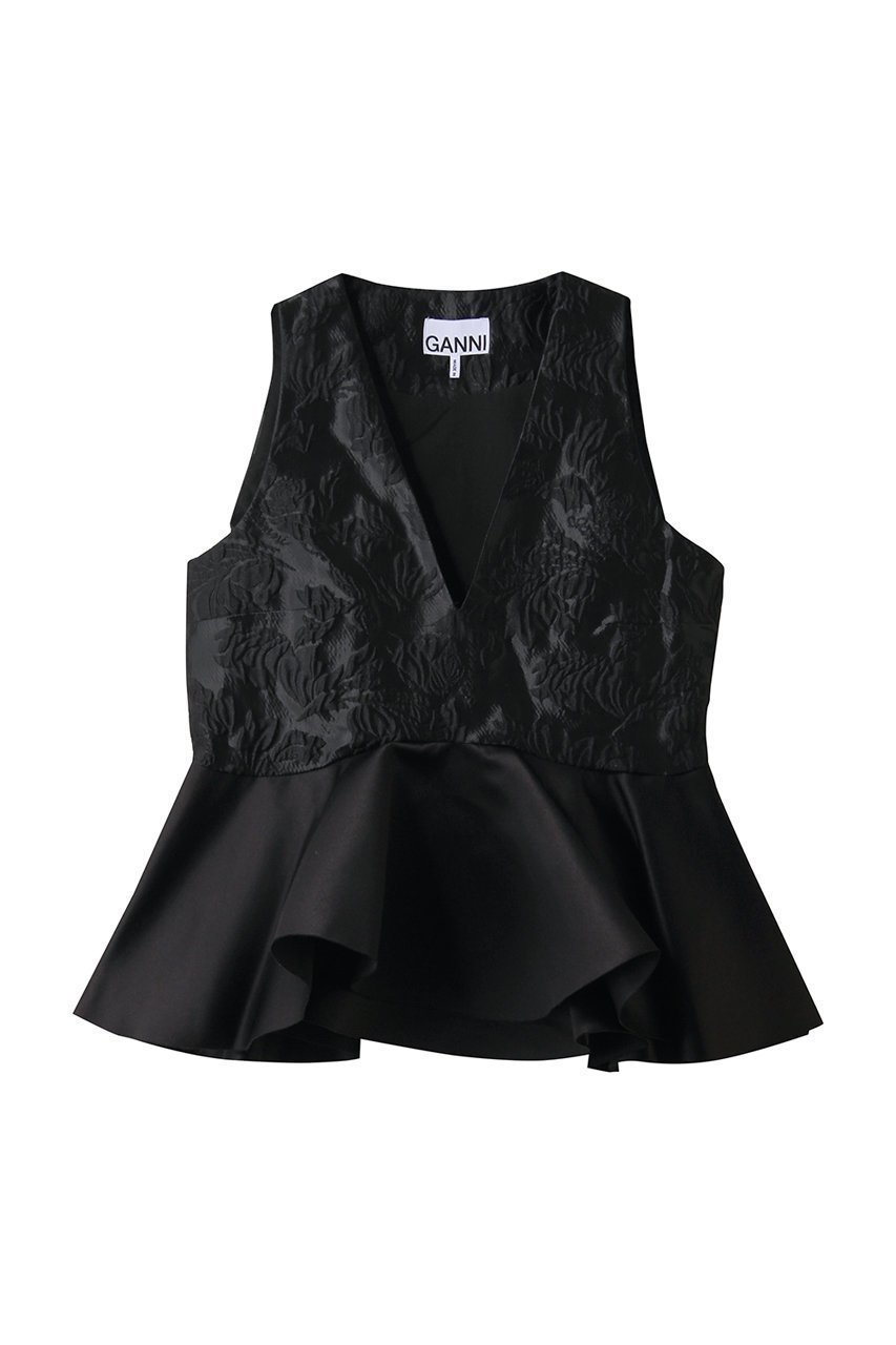 【ガニー/GANNI】のSatin Cloque スリーブレス ペプラムブラウス インテリア・キッズ・メンズ・レディースファッション・服の通販 founy(ファニー) 　ファッション　Fashion　レディースファッション　Fashion for Women　トップス・カットソー　Cut & Sew Tops　キャミソール&ノースリーブ　Camisoles & Sleeveless Tops　シャツ・ブラウス・オフィスカジュアル　Elegant Blouses & Button-Ups　2026年　2026　サテン　Satin, Glossy Fabric　スリーブ　Sleeve, Long Sleeve / Short Sleeve　ノースリーブ　Sleeveless, No-Sleeve　パーティ　Party, Party Style　フラワー　Flower, Floral　フレア　Flare, Flared　ペプラム　Peplum, Flared Hem　夏　Summer　春　Spring　S/S・春夏　SS, Spring/Summer, Warm Season　ブラック|ID: prp329100004828063 ipo3291000000035135881