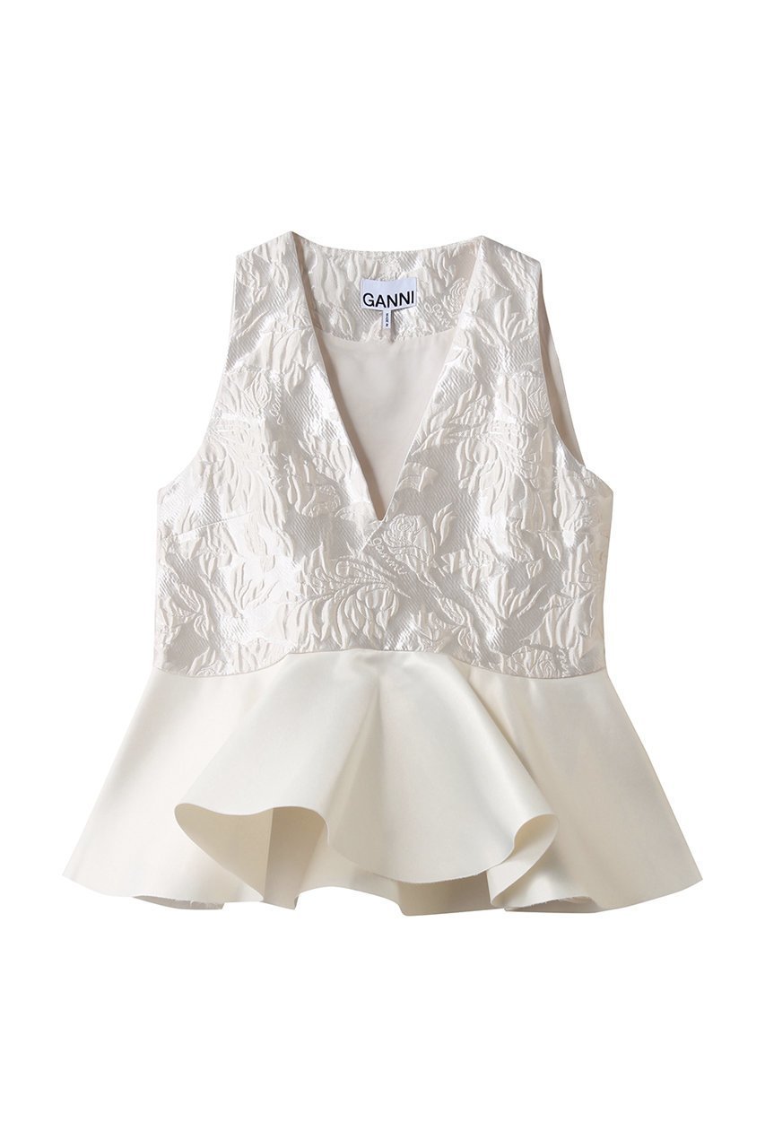 【ガニー/GANNI】のSatin Cloque スリーブレス ペプラムブラウス インテリア・キッズ・メンズ・レディースファッション・服の通販 founy(ファニー) 　ファッション　Fashion　レディースファッション　Fashion for Women　トップス・カットソー　Cut & Sew Tops　キャミソール&ノースリーブ　Camisoles & Sleeveless Tops　シャツ・ブラウス・オフィスカジュアル　Elegant Blouses & Button-Ups　2026年　2026　サテン　Satin, Glossy Fabric　スリーブ　Sleeve, Long Sleeve / Short Sleeve　ノースリーブ　Sleeveless, No-Sleeve　パーティ　Party, Party Style　フラワー　Flower, Floral　フレア　Flare, Flared　ペプラム　Peplum, Flared Hem　夏　Summer　春　Spring　S/S・春夏　SS, Spring/Summer, Warm Season　イーグレット|ID: prp329100004828063 ipo3291000000035135882