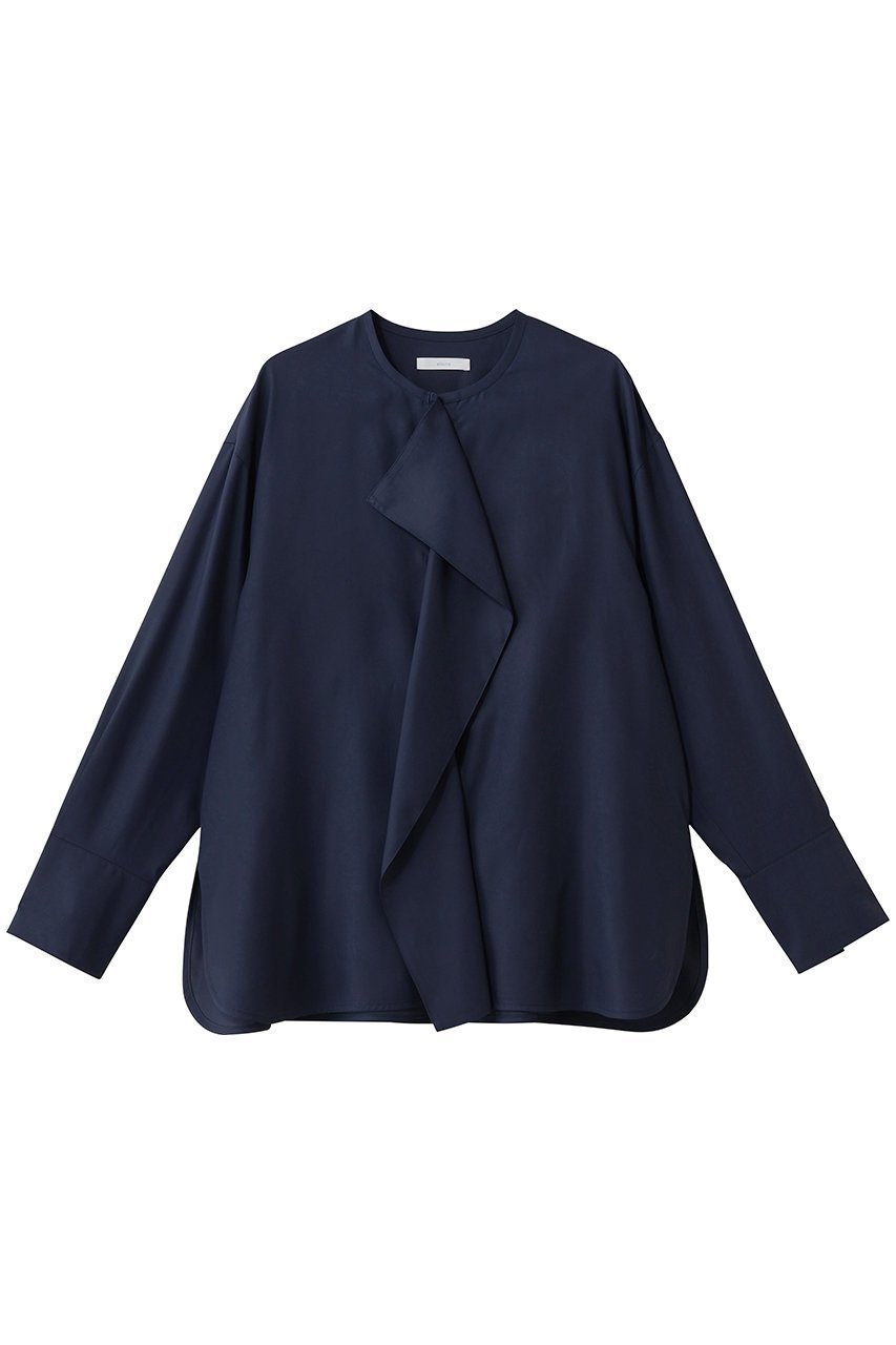 【エブール/ebure】の【店舗限定】ドレープポプリン ノーカラーブラウス インテリア・キッズ・メンズ・レディースファッション・服の通販 founy(ファニー) 　ファッション　Fashion　レディースファッション　Fashion for Women　トップス・カットソー　Cut & Sew Tops　シャツ・ブラウス・オフィスカジュアル　Elegant Blouses & Button-Ups　2026年　2026　インナー　Innerwear　ジャケット　Jacket, Outerwear　スリーブ　Sleeve, Long Sleeve / Short Sleeve　ドレープ　Drape, Draping Fabric　バランス　Balance, Style Balance　フロント　Front, Front Design　ボトム　Bottoms, Lower Wear　ラッフル　Ruffle, Frill　ロング　Long, Long-Length　エレガント 上品　Elegant　夏　Summer　春　Spring　S/S・春夏　SS, Spring/Summer, Warm Season　ネイビー|ID: prp329100004829045 ipo3291000000035146391