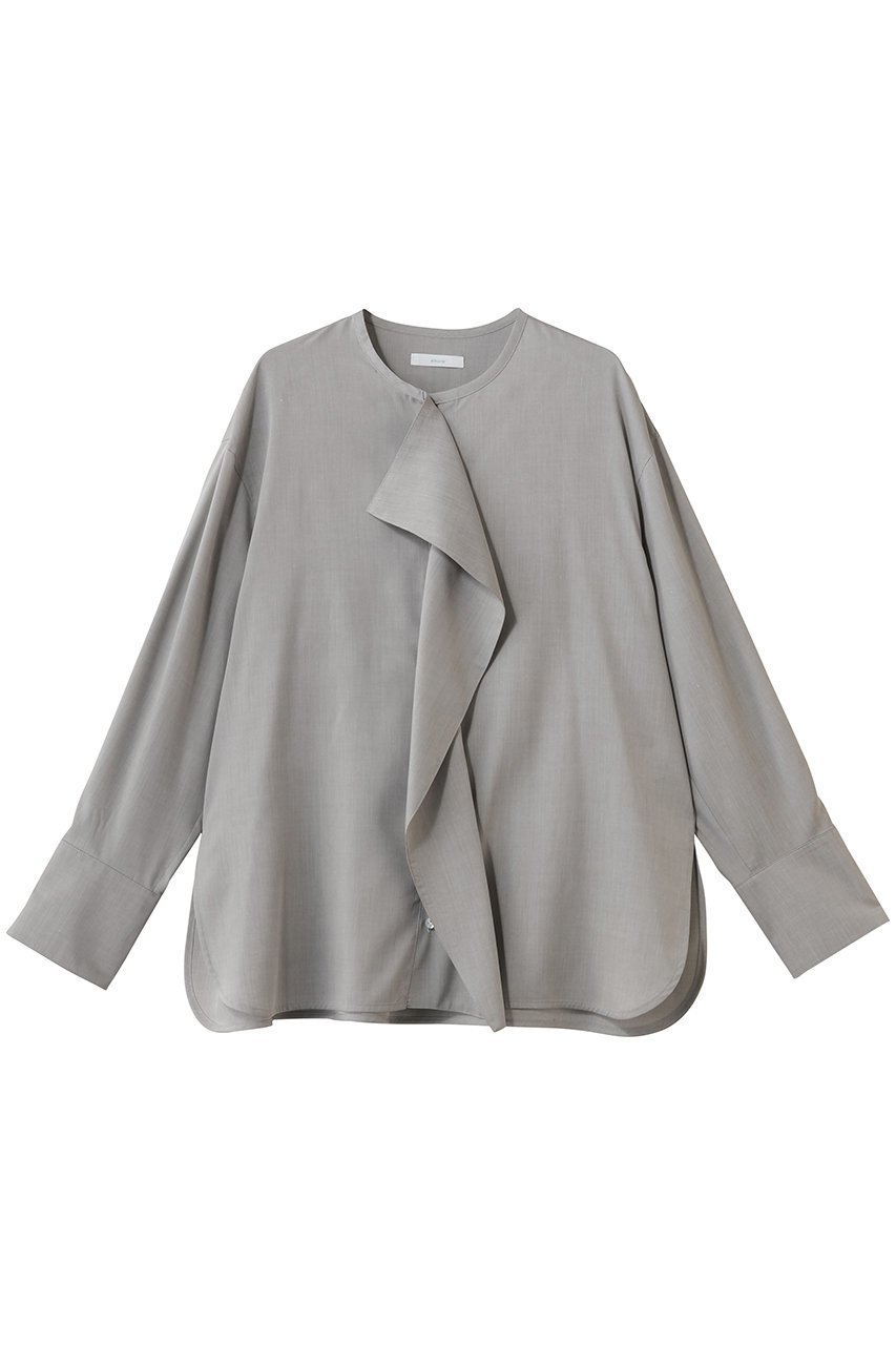 【エブール/ebure】の【店舗限定】ドレープポプリン ノーカラーブラウス インテリア・キッズ・メンズ・レディースファッション・服の通販 founy(ファニー) 　ファッション　Fashion　レディースファッション　Fashion for Women　トップス・カットソー　Cut & Sew Tops　シャツ・ブラウス・オフィスカジュアル　Elegant Blouses & Button-Ups　2026年　2026　インナー　Innerwear　ジャケット　Jacket, Outerwear　スリーブ　Sleeve, Long Sleeve / Short Sleeve　ドレープ　Drape, Draping Fabric　バランス　Balance, Style Balance　フロント　Front, Front Design　ボトム　Bottoms, Lower Wear　ラッフル　Ruffle, Frill　ロング　Long, Long-Length　エレガント 上品　Elegant　夏　Summer　春　Spring　S/S・春夏　SS, Spring/Summer, Warm Season　グレー|ID: prp329100004829045 ipo3291000000035818501