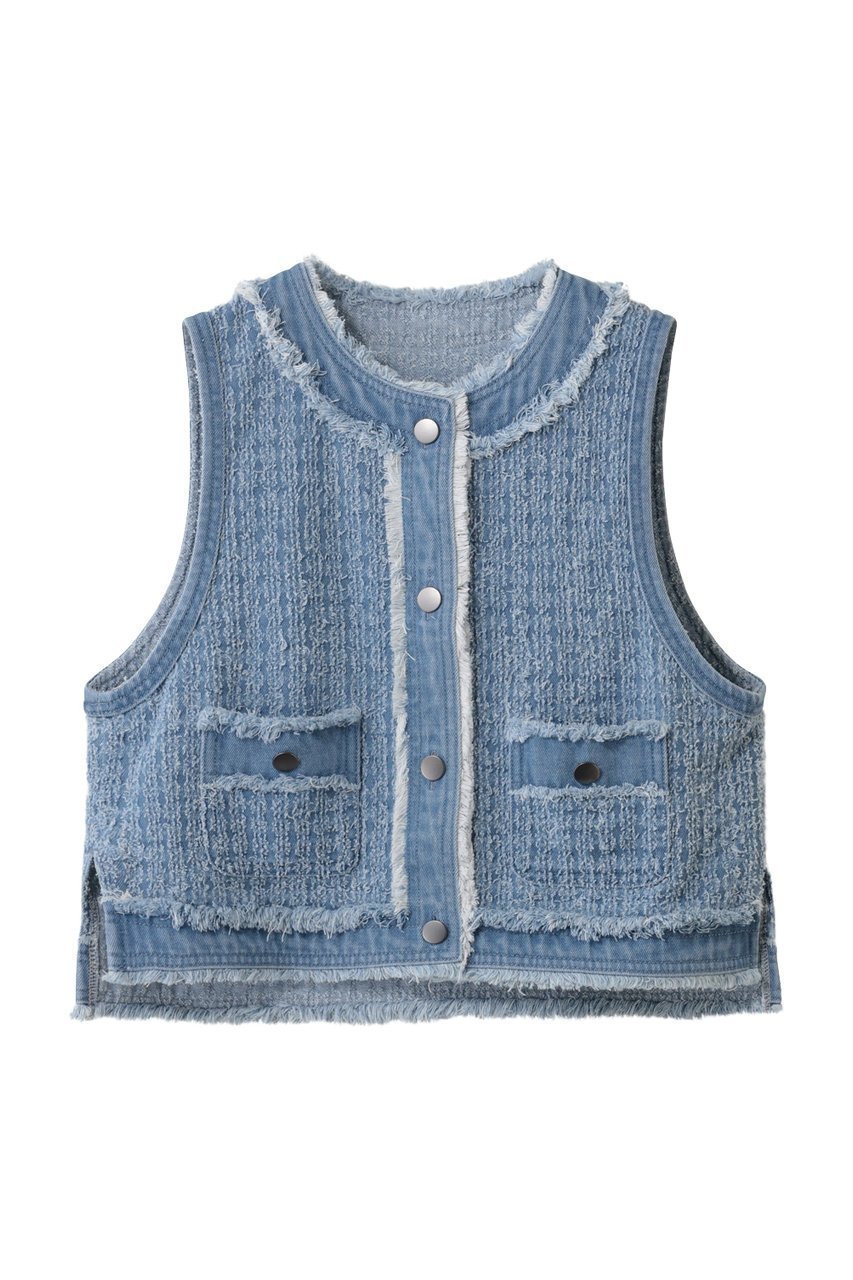 【スリー ドッツ/three dots】のニードルパンチ デニムジレ インテリア・キッズ・メンズ・レディースファッション・服の通販 founy(ファニー) 　ファッション　Fashion　レディースファッション　Fashion for Women　アウター　Coat / Outerwear Collection　レディースジャケット・軽アウター　Jackets　コンパクト　Compact, Small Size　ジャケット　Jacket, Outerwear　ツイード　Twill, Twill Weave　デニム　Denim, Jeans Material　ノースリーブ　Sleeveless, No-Sleeve　フリンジ　Fringe, Tassel　ベスト　Vest, Waistcoat　再入荷　Restock / Back in Stock　ウォッシュド|ID: prp329100004829076 ipo3291000000036805901