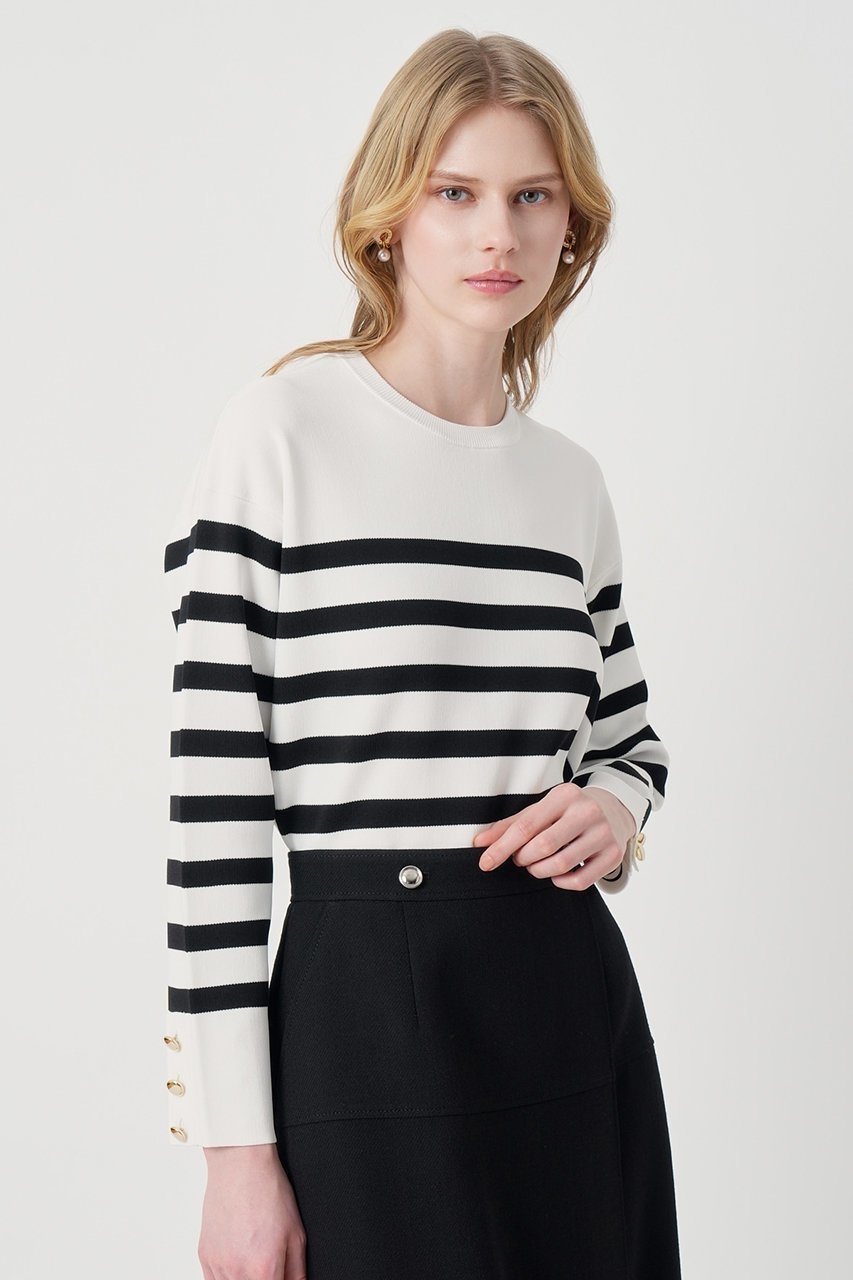 【アナイ/ANAYI】のスリーブ釦ボーダー プルオーバー 人気、トレンドファッション・服の通販 founy(ファニー) 　ファッション　Fashion　レディースファッション　Fashion for Women　トップス・カットソー　Cut & Sew Tops　ニット　Knit Tops & Sweaters　カジュアルプルオーバー・ニットトップス　Pullovers & Knit Tops / Casual Pullovers　2026年　2026　おすすめ　Recommended / Our Picks　ストレッチ　Stretch, Stretchy Fabric　スリーブ　Sleeve, Long Sleeve / Short Sleeve　ボーダー　Border, Stripe　ミラノリブ　Milano Rib, Milano Stitch　夏　Summer　定番　Standard, Basic Item　春　Spring　S/S・春夏　SS, Spring/Summer, Warm Season　other-6|ID: prp329100004838696 ipo3291000000036234577