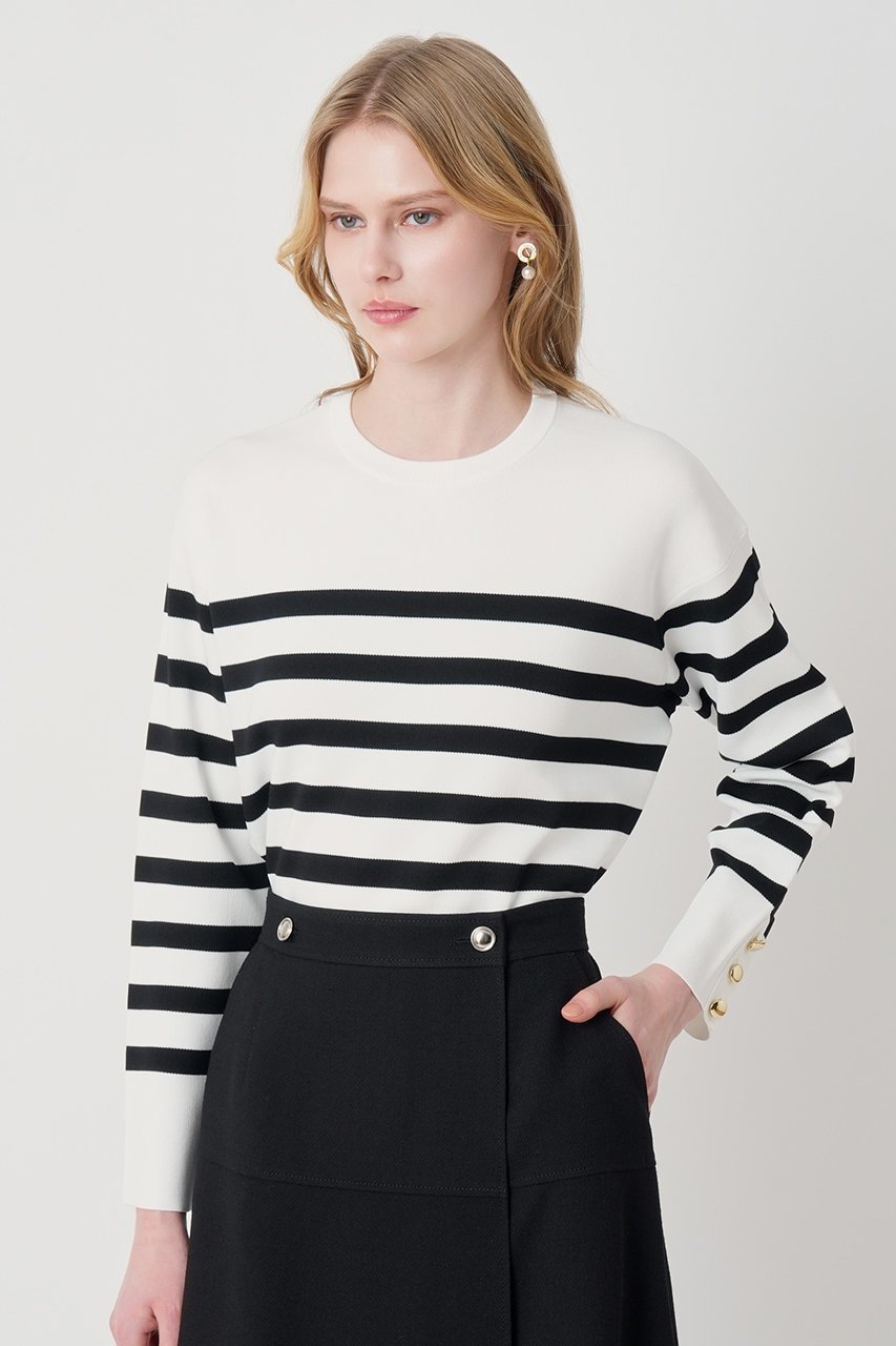 【アナイ/ANAYI】のスリーブ釦ボーダー プルオーバー 人気、トレンドファッション・服の通販 founy(ファニー) 　ファッション　Fashion　レディースファッション　Fashion for Women　トップス・カットソー　Cut & Sew Tops　ニット　Knit Tops & Sweaters　カジュアルプルオーバー・ニットトップス　Pullovers & Knit Tops / Casual Pullovers　2026年　2026　おすすめ　Recommended / Our Picks　ストレッチ　Stretch, Stretchy Fabric　スリーブ　Sleeve, Long Sleeve / Short Sleeve　ボーダー　Border, Stripe　ミラノリブ　Milano Rib, Milano Stitch　夏　Summer　定番　Standard, Basic Item　春　Spring　S/S・春夏　SS, Spring/Summer, Warm Season　other-8|ID: prp329100004838696 ipo3291000000036234579