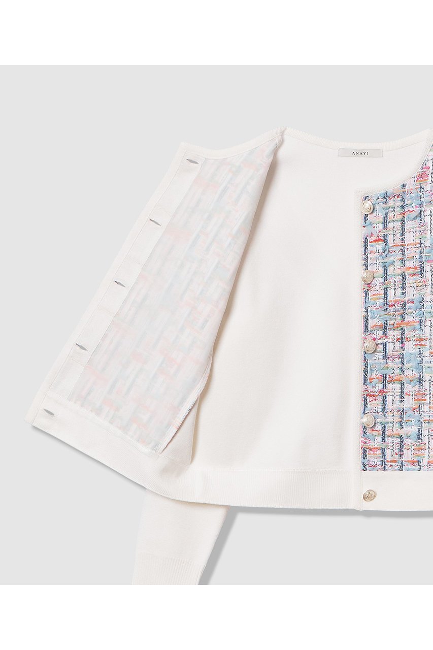 【アナイ/ANAYI】の【セットアップ対象商品】カラーミックスツイードコンビ カーディガン 人気、トレンドファッション・服の通販 founy(ファニー) 　ファッション　Fashion　レディースファッション　Fashion for Women　トップス・カットソー　Cut & Sew Tops　ニット　Knit Tops & Sweaters　カーディガン・羽織り　Layered Style Cardigans　2026年　2026　おすすめ　Recommended / Our Picks　カラフル　Colorful Design　カーディガン　Cardigan, Knitwear　シルバー　Silver, Metallic Silver　シンプル　Simple, Minimal　セットアップ　Set-Up, Coordinated Outfit　ツイード　Twill, Twill Weave　デニム　Denim, Jeans Material　フランス　France, French　ミラノリブ　Milano Rib, Milano Stitch　メタル　Metal, Metal Parts　モダン　Modern, Contemporary　再入荷　Restock / Back in Stock　夏　Summer　春　Spring　S/S・春夏　SS, Spring/Summer, Warm Season　other-6|ID: prp329100004838697 ipo3291000000036188816