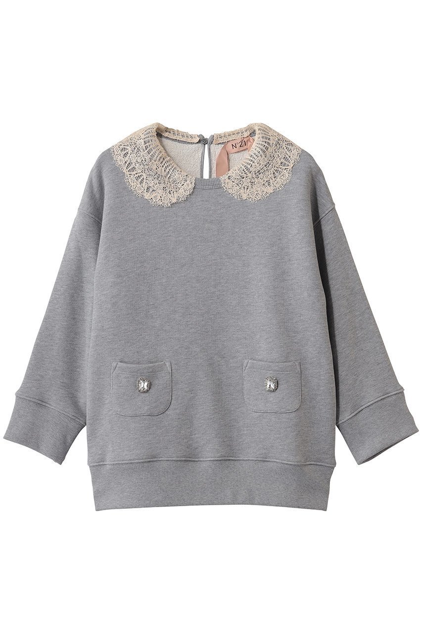 【ヌメロ ヴェントゥーノ/N°21】のレース カラー プルオーバー インテリア・キッズ・メンズ・レディースファッション・服の通販 founy(ファニー) 　ファッション　Fashion　レディースファッション　Fashion for Women　トップス・カットソー　Cut & Sew Tops　シャツ・ブラウス・オフィスカジュアル　Elegant Blouses & Button-Ups　ロングTシャツ・Tシャツ　Longline T-Shirts & Tees　カジュアルプルオーバー・ニットトップス　Pullovers & Knit Tops / Casual Pullovers　カットソー・ベーシックTシャツ　Cut-and-Sewn Tops / Stretch Tees & Basics　2026年　2026　おすすめ　Recommended / Our Picks　ジャケット　Jacket, Outerwear　スリーブ　Sleeve, Long Sleeve / Short Sleeve　フェミニン　Feminine, Girly　ポケット　Pocket, Pocket Detail　レース　Lace, Lace Fabric　ロング　Long, Long-Length　エレガント 上品　Elegant　夏　Summer　春　Spring　S/S・春夏　SS, Spring/Summer, Warm Season　グレー|ID: prp329100004843166 ipo3291000000035290446
