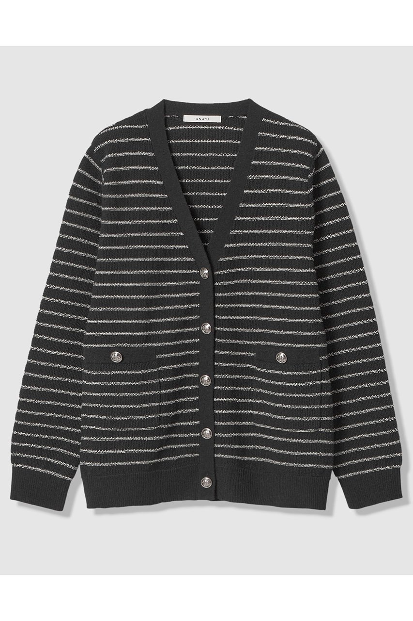 【アナイ/ANAYI】のパウダーボーダーVカーディガン インテリア・キッズ・メンズ・レディースファッション・服の通販 founy(ファニー) 　ファッション　Fashion　レディースファッション　Fashion for Women　トップス・カットソー　Cut & Sew Tops　ニット　Knit Tops & Sweaters　カーディガン・羽織り　Layered Style Cardigans　2026年　2026　おすすめ　Recommended / Our Picks　アンサンブル　Ensemble Set　カーディガン　Cardigan, Knitwear　キャミソール　Camisole, Spaghetti Strap Top　シルバー　Silver, Metallic Silver　パウダー　Powder, Soft Tone　パステル　Pastel, Soft Color　ボーダー　Border, Stripe　ミドル　Middle Length, Mid Height　リラックス　Relax, Relaxed Fit　夏　Summer　春　Spring　S/S・春夏　SS, Spring/Summer, Warm Season　ブラック|ID: prp329100004843236 ipo3291000000035294179