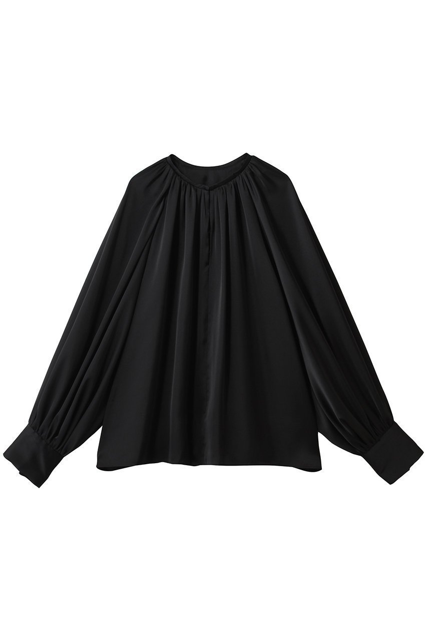 【ハー/HER.】のギャザーサテンブラウス インテリア・キッズ・メンズ・レディースファッション・服の通販 founy(ファニー) 　ファッション　Fashion　レディースファッション　Fashion for Women　トップス・カットソー　Cut & Sew Tops　シャツ・ブラウス・オフィスカジュアル　Elegant Blouses & Button-Ups　サテン　Satin, Glossy Fabric　スリーブ　Sleeve, Long Sleeve / Short Sleeve　フロント　Front, Front Design　ロング　Long, Long-Length　エレガント 上品　Elegant　ブラック|ID: prp329100004845484 ipo3291000000036209204