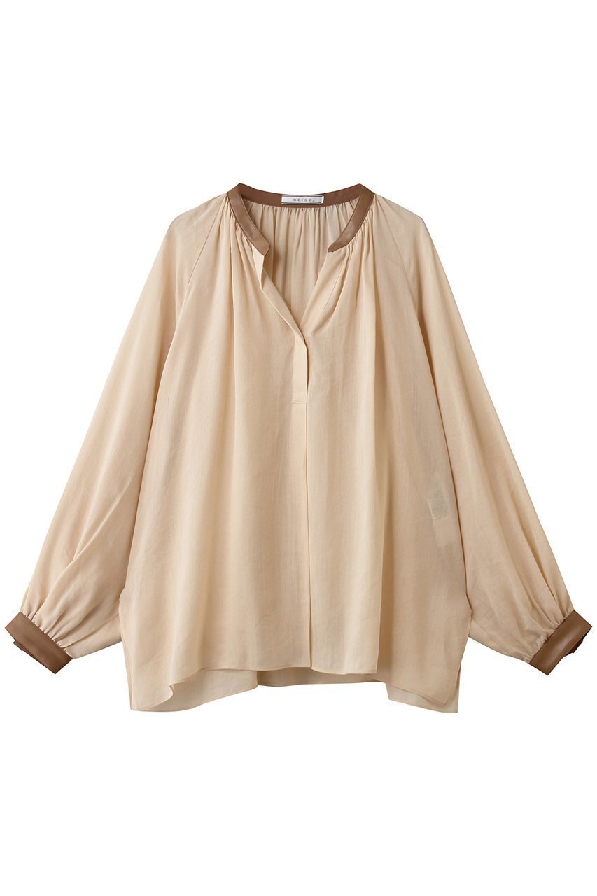 【ベイジ,/BEIGE,】のPAULINE / リネンヴィスコースフェイクレザー配色ブラウス インテリア・キッズ・メンズ・レディースファッション・服の通販 founy(ファニー) 　ファッション　Fashion　レディースファッション　Fashion for Women　トップス・カットソー　Cut & Sew Tops　シャツ・ブラウス・オフィスカジュアル　Elegant Blouses & Button-Ups　2026年　2026　カフス　Cuff Design　ギャザー　Gathered, Ruffled　スリーブ　Sleeve, Long Sleeve / Short Sleeve　フェイクレザー　Faux Leather, PU Leather　ロング　Long, Long-Length　再入荷　Restock / Back in Stock　夏　Summer　春　Spring　S/S・春夏　SS, Spring/Summer, Warm Season　洗える　Machine Washable　Peach|ID: prp329100004847066 ipo3291000000036142765