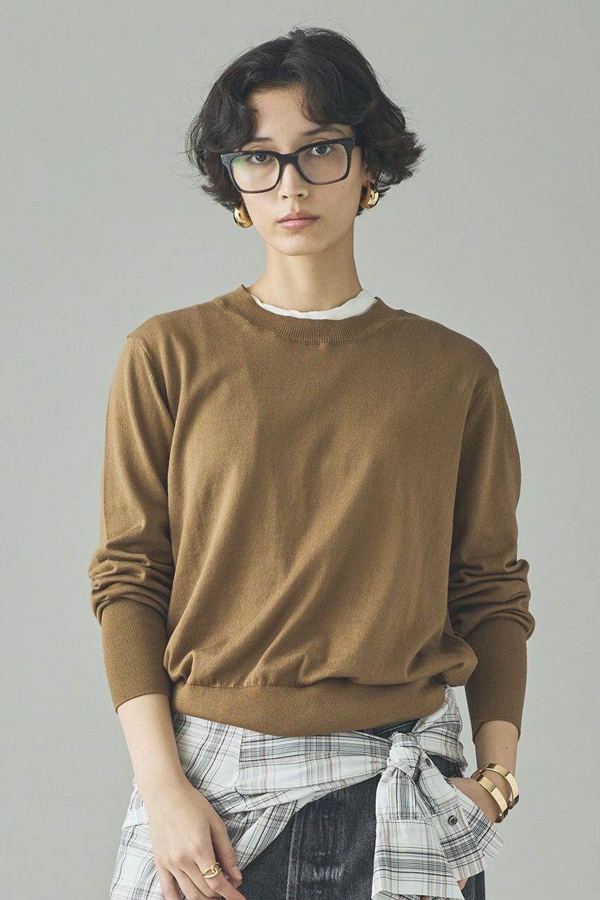 【カレンソロジー/Curensology】のファインコットンクルーネックプルオーバー インテリア・キッズ・メンズ・レディースファッション・服の通販 founy(ファニー) 　ファッション　Fashion　レディースファッション　Fashion for Women　トップス・カットソー　Cut & Sew Tops　ニット　Knit Tops & Sweaters　カジュアルプルオーバー・ニットトップス　Pullovers & Knit Tops / Casual Pullovers　なめらか　Smooth, Silky Texture　イタリア　Italy　シンプル　Simple, Minimal　スラックス　Slacks, Dress Pants　タートル　Turtleneck, Turtle Collar　デニム　Denim, Jeans Material　ロング　Long, Long-Length　ワイド　Wide, Wide Fit　エレガント 上品　Elegant　再入荷　Restock / Back in Stock　ブラウン|ID: prp329100004848015 ipo3291000000035705300