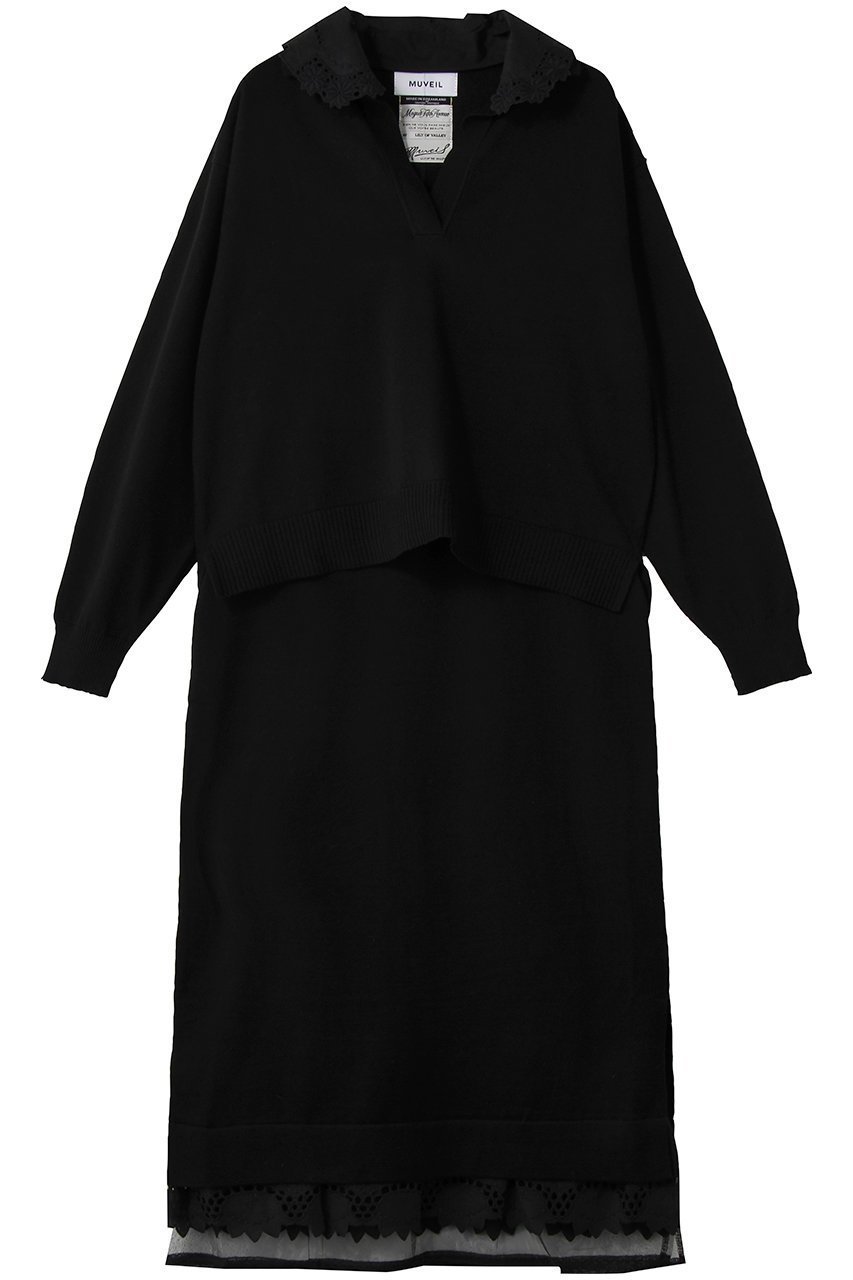 【ミュベール/MUVEIL】のスキッパーポロセットアップニット インテリア・キッズ・メンズ・レディースファッション・服の通販 founy(ファニー) 　ファッション　Fashion　レディースファッション　Fashion for Women　トップス・カットソー　Cut & Sew Tops　ニット　Knit Tops & Sweaters　カジュアルプルオーバー・ニットトップス　Pullovers & Knit Tops / Casual Pullovers　なめらか　Smooth, Silky Texture　シルク　Silk, 100% Silk　セットアップ　Set-Up, Coordinated Outfit　フィット　Fit, Slim Fit　フラワー　Flower, Floral　ボックス　Boxy, Box Shape　モチーフ　Motif, Design Theme　レース　Lace, Lace Fabric　ブラック|ID: prp329100004848019 ipo3291000000035718713
