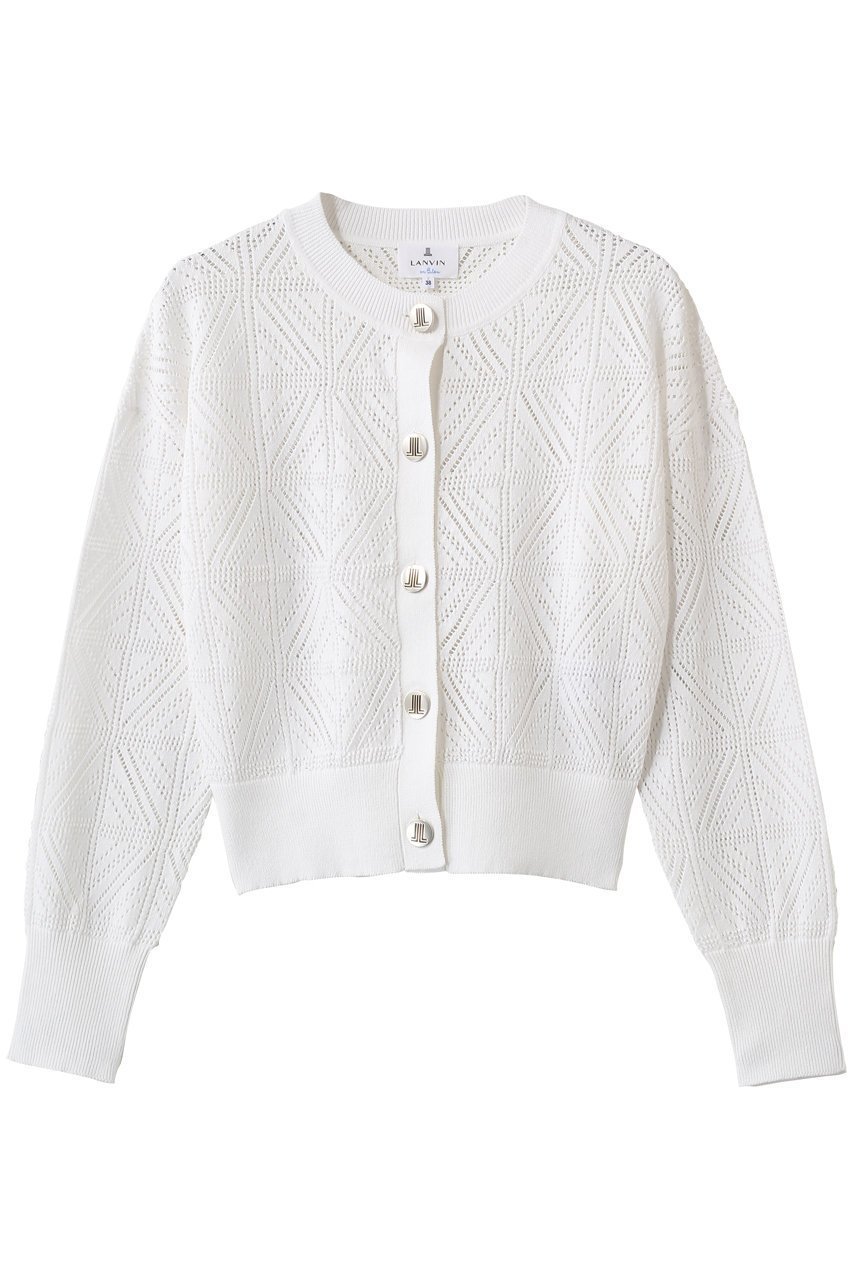 【ランバン オン ブルー/LANVIN en Bleu】のJLメタルボタンレースニットカーディガン インテリア・キッズ・メンズ・レディースファッション・服の通販 founy(ファニー) 　ファッション　Fashion　レディースファッション　Fashion for Women　トップス・カットソー　Cut & Sew Tops　ニット　Knit Tops & Sweaters　カーディガン・羽織り　Layered Style Cardigans　2026年　2026　カーディガン　Cardigan, Knitwear　コンパクト　Compact, Small Size　ショート　Short, Short Length　フェミニン　Feminine, Girly　プリント　Print, Printed Pattern　メタル　Metal, Metal Parts　モダン　Modern, Contemporary　夏　Summer　春　Spring　S/S・春夏　SS, Spring/Summer, Warm Season　オフ|ID: prp329100004848456 ipo3291000000035444356
