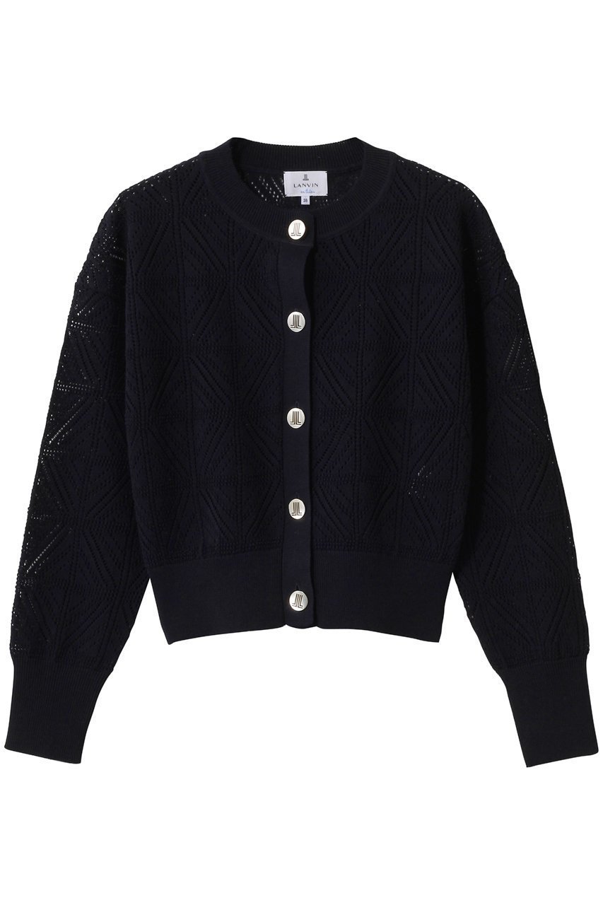 【ランバン オン ブルー/LANVIN en Bleu】のJLメタルボタンレースニットカーディガン インテリア・キッズ・メンズ・レディースファッション・服の通販 founy(ファニー) 　ファッション　Fashion　レディースファッション　Fashion for Women　トップス・カットソー　Cut & Sew Tops　ニット　Knit Tops & Sweaters　カーディガン・羽織り　Layered Style Cardigans　2026年　2026　カーディガン　Cardigan, Knitwear　コンパクト　Compact, Small Size　ショート　Short, Short Length　フェミニン　Feminine, Girly　プリント　Print, Printed Pattern　メタル　Metal, Metal Parts　モダン　Modern, Contemporary　夏　Summer　春　Spring　S/S・春夏　SS, Spring/Summer, Warm Season　ネイビー|ID: prp329100004848456 ipo3291000000035875451