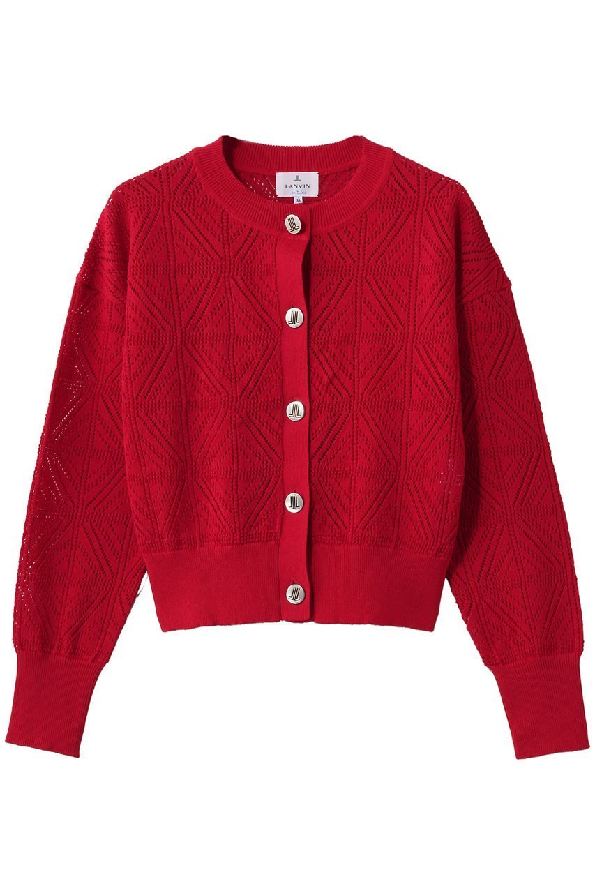 【ランバン オン ブルー/LANVIN en Bleu】のJLメタルボタンレースニットカーディガン インテリア・キッズ・メンズ・レディースファッション・服の通販 founy(ファニー) 　ファッション　Fashion　レディースファッション　Fashion for Women　トップス・カットソー　Cut & Sew Tops　ニット　Knit Tops & Sweaters　カーディガン・羽織り　Layered Style Cardigans　2026年　2026　カーディガン　Cardigan, Knitwear　コンパクト　Compact, Small Size　ショート　Short, Short Length　フェミニン　Feminine, Girly　プリント　Print, Printed Pattern　メタル　Metal, Metal Parts　モダン　Modern, Contemporary　夏　Summer　春　Spring　S/S・春夏　SS, Spring/Summer, Warm Season　レッド|ID: prp329100004848456 ipo3291000000035875452