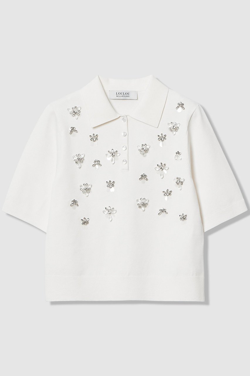 【アルアバイル/allureville】の【LOULOU WILLOUGHBY】フラワービジューポロ 人気、トレンドファッション・服の通販 founy(ファニー) 　ファッション　Fashion　レディースファッション　Fashion for Women　トップス・カットソー　Cut & Sew Tops　ニット　Knit Tops & Sweaters　カジュアルプルオーバー・ニットトップス　Pullovers & Knit Tops / Casual Pullovers　2026年　2026　コンパクト　Compact, Small Size　バランス　Balance, Style Balance　ビジュー　Bijou, Jewel-like Accent　フェミニン　Feminine, Girly　ボトム　Bottoms, Lower Wear　モノトーン　Monotone, Black and White　ワイド　Wide, Wide Fit　エレガント 上品　Elegant　夏　Summer　春　Spring　S/S・春夏　SS, Spring/Summer, Warm Season　 other-1|ID: prp329100004848487 ipo3291000000035444610