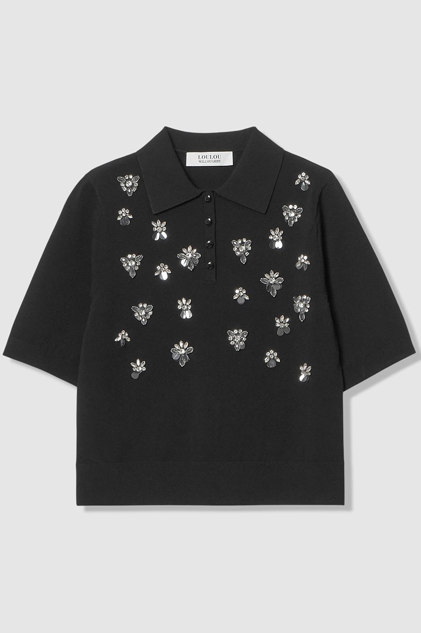 【アルアバイル/allureville】の【LOULOU WILLOUGHBY】フラワービジューポロ インテリア・キッズ・メンズ・レディースファッション・服の通販 founy(ファニー) 　ファッション　Fashion　レディースファッション　Fashion for Women　トップス・カットソー　Cut & Sew Tops　ニット　Knit Tops & Sweaters　カジュアルプルオーバー・ニットトップス　Pullovers & Knit Tops / Casual Pullovers　2026年　2026　コンパクト　Compact, Small Size　バランス　Balance, Style Balance　ビジュー　Bijou, Jewel-like Accent　フェミニン　Feminine, Girly　ボトム　Bottoms, Lower Wear　モノトーン　Monotone, Black and White　ワイド　Wide, Wide Fit　エレガント 上品　Elegant　夏　Summer　春　Spring　S/S・春夏　SS, Spring/Summer, Warm Season　ブラック|ID: prp329100004848487 ipo3291000000035875527