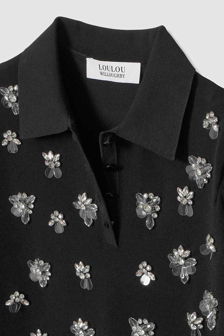 【アルアバイル/allureville】の【LOULOU WILLOUGHBY】フラワービジューポロ 人気、トレンドファッション・服の通販 founy(ファニー) 　ファッション　Fashion　レディースファッション　Fashion for Women　トップス・カットソー　Cut & Sew Tops　ニット　Knit Tops & Sweaters　カジュアルプルオーバー・ニットトップス　Pullovers & Knit Tops / Casual Pullovers　2026年　2026　コンパクト　Compact, Small Size　バランス　Balance, Style Balance　ビジュー　Bijou, Jewel-like Accent　フェミニン　Feminine, Girly　ボトム　Bottoms, Lower Wear　モノトーン　Monotone, Black and White　ワイド　Wide, Wide Fit　エレガント 上品　Elegant　夏　Summer　春　Spring　S/S・春夏　SS, Spring/Summer, Warm Season　other-3|ID: prp329100004848487 ipo3291000000035875529