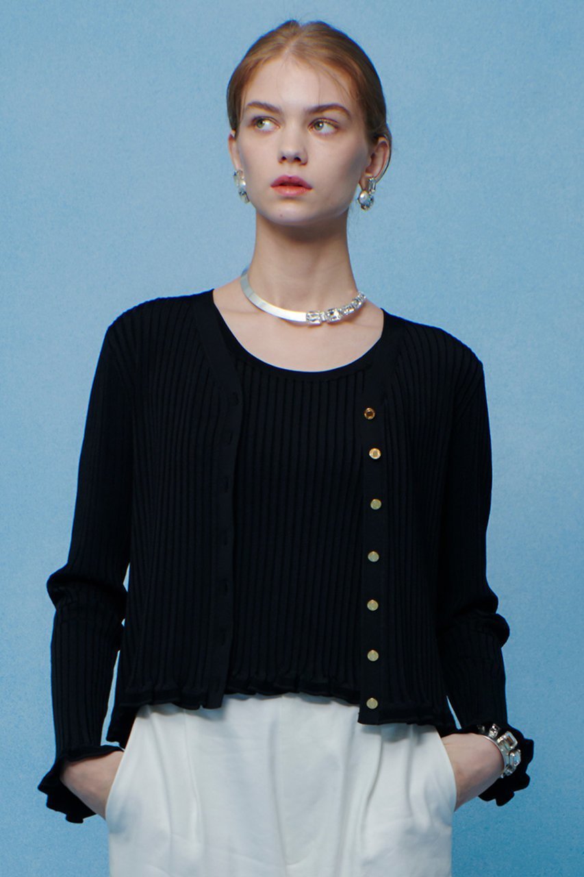 【アルアバイル/allureville】の【LOULOU WILLOUGHBY】ワイドリブヘムフリルカーディガン インテリア・キッズ・メンズ・レディースファッション・服の通販 founy(ファニー) 　ファッション　Fashion　レディースファッション　Fashion for Women　トップス・カットソー　Cut & Sew Tops　ニット　Knit Tops & Sweaters　カーディガン・羽織り　Layered Style Cardigans　おすすめ　Recommended / Our Picks　エレガント 上品　Elegant　カーディガン　Cardigan, Knitwear　フリル　Frill, Ruffle　ベーシック　Basic, Essential　ワイドリブ　Wide Rib, Wide Ribbed Knit　ブラック|ID: prp329100004848490 ipo3291000000036929517