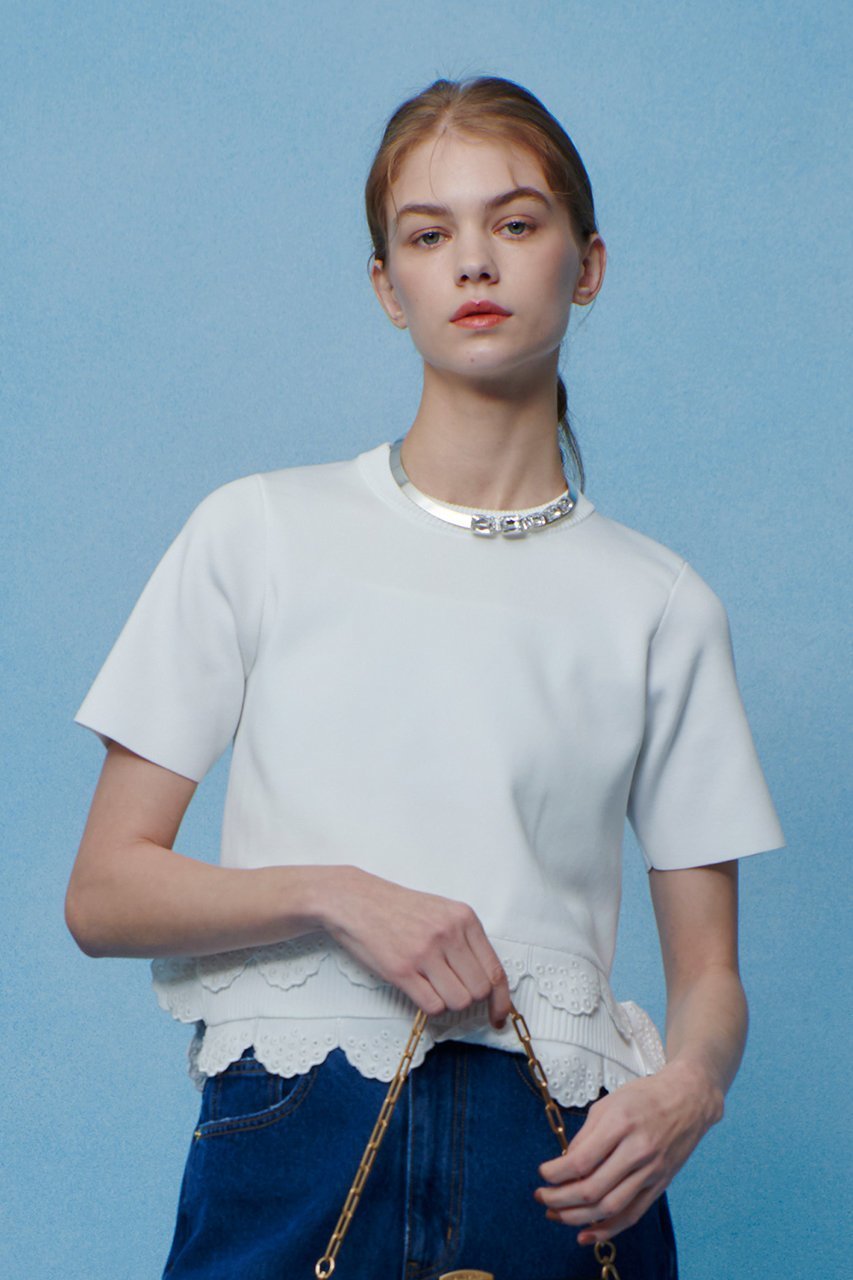 【アルアバイル/allureville】の【LOULOU WILLOUGHBY】パンチングスカラプルオーバー インテリア・キッズ・メンズ・レディースファッション・服の通販 founy(ファニー) 　ファッション　Fashion　レディースファッション　Fashion for Women　トップス・カットソー　Cut & Sew Tops　ニット　Knit Tops & Sweaters　カジュアルプルオーバー・ニットトップス　Pullovers & Knit Tops / Casual Pullovers　2026年　2026　コンパクト　Compact, Small Size　スカラップ　Scallop, Scalloped Edge　スリット　Slit, Slit Detail　トレンド　Trend, Trending Now　レース　Lace, Lace Fabric　今季　This Season, Current Season　半袖　Short Sleeve, Half Sleeve　夏　Summer　春　Spring　S/S・春夏　SS, Spring/Summer, Warm Season　オフホワイト|ID: prp329100004848491 ipo3291000000035444647