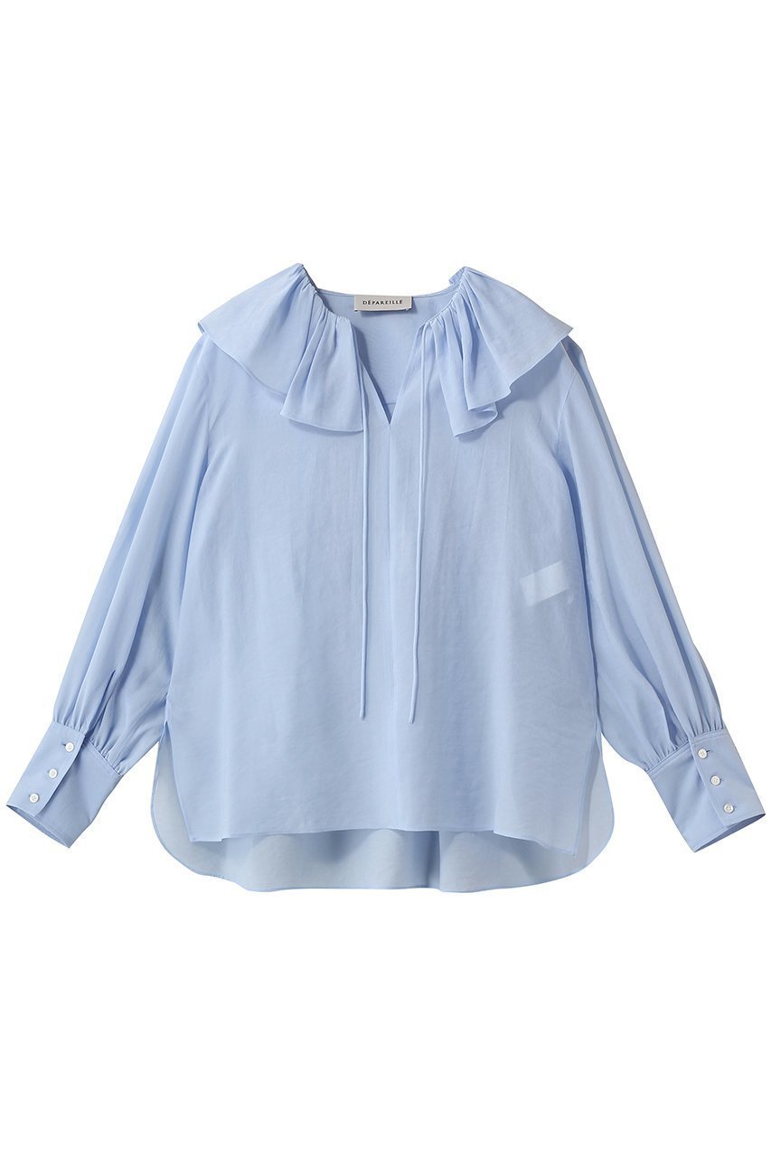【デパリエ/DEPAREILLE】のシルキーラッフルブラウス インテリア・キッズ・メンズ・レディースファッション・服の通販 founy(ファニー) 　ファッション　Fashion　レディースファッション　Fashion for Women　トップス・カットソー　Cut & Sew Tops　シャツ・ブラウス・オフィスカジュアル　Elegant Blouses & Button-Ups　なめらか　Smooth, Silky Texture　インナー　Innerwear　ジャケット　Jacket, Outerwear　スリーブ　Sleeve, Long Sleeve / Short Sleeve　ラッフル　Ruffle, Frill　ロング　Long, Long-Length　エレガント 上品　Elegant　サックス|ID: prp329100004849153 ipo3291000000035853680
