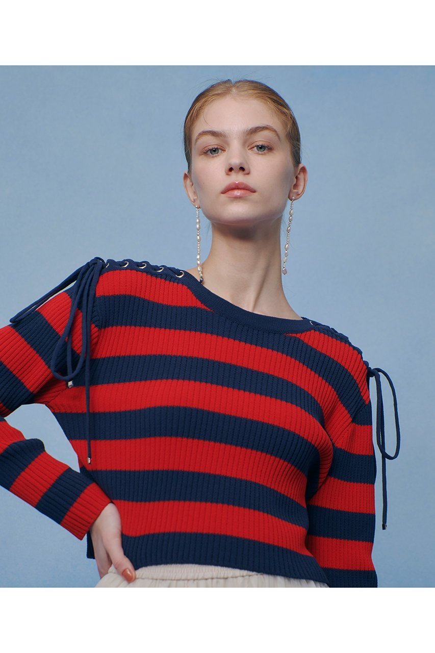 【アルアバイル/allureville】の【LOULOU WILLOUGHBY】レースアップショルダープルオーバー インテリア・キッズ・メンズ・レディースファッション・服の通販 founy(ファニー) 　ファッション　Fashion　レディースファッション　Fashion for Women　トップス・カットソー　Cut & Sew Tops　ニット　Knit Tops & Sweaters　カジュアルプルオーバー・ニットトップス　Pullovers & Knit Tops / Casual Pullovers　2026年　2026　おすすめ　Recommended / Our Picks　クロップド　Cropped, Short Length　コンパクト　Compact, Small Size　ストリング　String, Drawstring　バランス　Balance, Style Balance　ミドル　Middle Length, Mid Height　レース　Lace, Lace Fabric　夏　Summer　春　Spring　S/S・春夏　SS, Spring/Summer, Warm Season　レッドボーダー|ID: prp329100004849158 ipo3291000000035470140