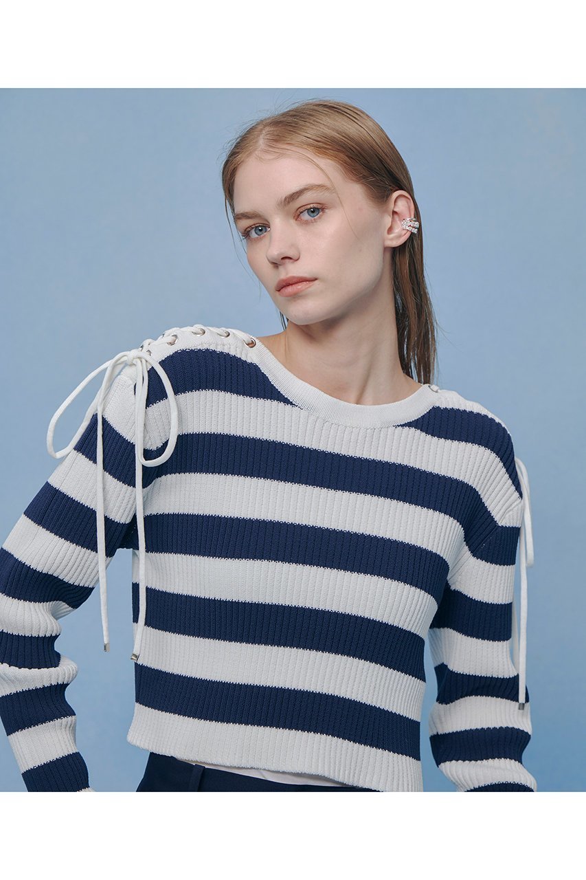 【アルアバイル/allureville】の【LOULOU WILLOUGHBY】レースアップショルダープルオーバー インテリア・キッズ・メンズ・レディースファッション・服の通販 founy(ファニー) 　ファッション　Fashion　レディースファッション　Fashion for Women　トップス・カットソー　Cut & Sew Tops　ニット　Knit Tops & Sweaters　カジュアルプルオーバー・ニットトップス　Pullovers & Knit Tops / Casual Pullovers　2026年　2026　おすすめ　Recommended / Our Picks　クロップド　Cropped, Short Length　コンパクト　Compact, Small Size　ストリング　String, Drawstring　バランス　Balance, Style Balance　ミドル　Middle Length, Mid Height　レース　Lace, Lace Fabric　夏　Summer　春　Spring　S/S・春夏　SS, Spring/Summer, Warm Season　ネイビーボーダー|ID: prp329100004849158 ipo3291000000035470141