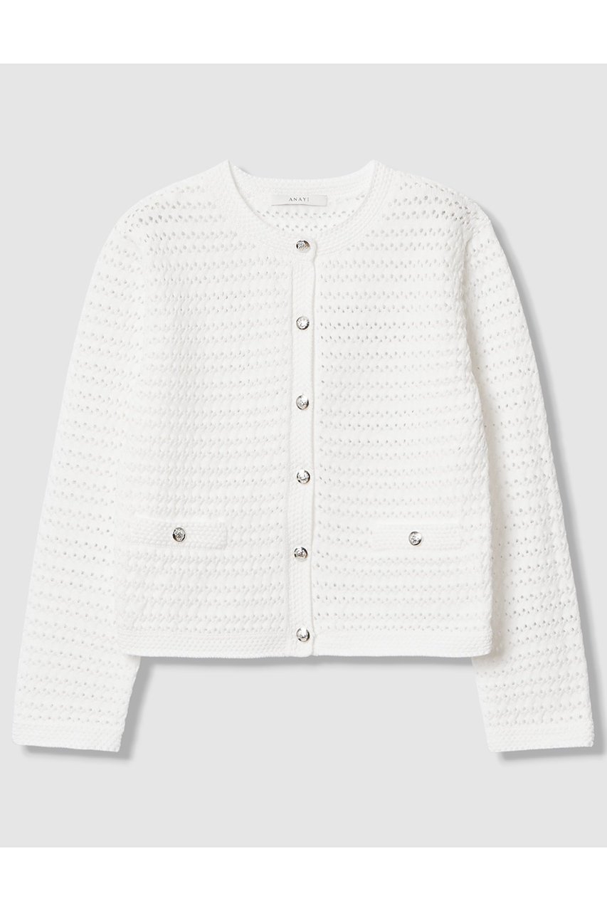 【アナイ/ANAYI】のアイレットボーダー カーディガン インテリア・キッズ・メンズ・レディースファッション・服の通販 founy(ファニー) 　ファッション　Fashion　レディースファッション　Fashion for Women　トップス・カットソー　Cut & Sew Tops　ニット　Knit Tops & Sweaters　カーディガン・羽織り　Layered Style Cardigans　2026年　2026　カーディガン　Cardigan, Knitwear　ジャケット　Jacket, Outerwear　トリミング　Trimming, Decorative Edge　フォルム　Silhouette, Form　ボーダー　Border, Stripe　ミドル　Middle Length, Mid Height　エレガント 上品　Elegant　夏　Summer　春　Spring　S/S・春夏　SS, Spring/Summer, Warm Season　オフホワイト|ID: prp329100004851070 ipo3291000000035568257