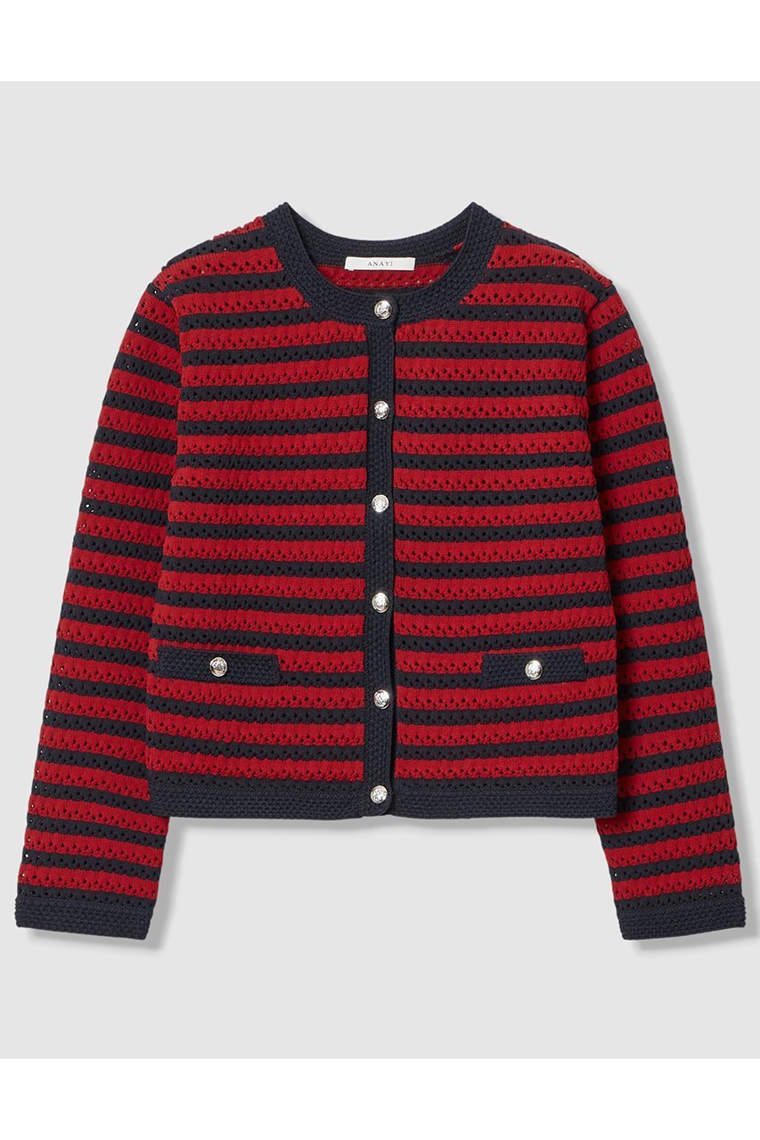 【アナイ/ANAYI】のアイレットボーダー カーディガン インテリア・キッズ・メンズ・レディースファッション・服の通販 founy(ファニー) 　ファッション　Fashion　レディースファッション　Fashion for Women　トップス・カットソー　Cut & Sew Tops　ニット　Knit Tops & Sweaters　カーディガン・羽織り　Layered Style Cardigans　2026年　2026　カーディガン　Cardigan, Knitwear　ジャケット　Jacket, Outerwear　トリミング　Trimming, Decorative Edge　フォルム　Silhouette, Form　ボーダー　Border, Stripe　ミドル　Middle Length, Mid Height　エレガント 上品　Elegant　夏　Summer　春　Spring　S/S・春夏　SS, Spring/Summer, Warm Season　レッド系|ID: prp329100004851070 ipo3291000000035568258