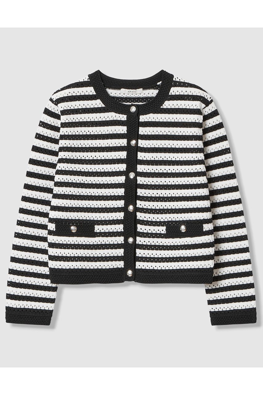 【アナイ/ANAYI】のアイレットボーダー カーディガン インテリア・キッズ・メンズ・レディースファッション・服の通販 founy(ファニー) ファッション Fashion レディースファッション Fashion for Women トップス・カットソー Cut & Sew Tops ニット Knit Tops & Sweaters カーディガン・羽織り Layered Style Cardigans カーディガン Cardigan, Knitwear ジャケット Jacket, Outerwear トリミング Trimming, Decorative Edge フォルム Silhouette, Form ボーダー Border, Stripe ミドル Middle Length, Mid Height エレガント 上品 Elegant 春 Spring ブラック系|ID: prp329100004851070 ipo3291000000036143906
