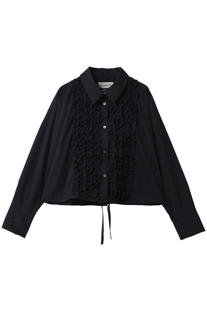 【デパリエ/DEPAREILLE】のコットンタイプライターフリルシャツ インテリア・キッズ・メンズ・レディースファッション・服の通販 founy(ファニー) 　ファッション　Fashion　レディースファッション　Fashion for Women　トップス・カットソー　Cut & Sew Tops　シャツ・ブラウス・オフィスカジュアル　Elegant Blouses & Button-Ups　2026年　2026　スリーブ　Sleeve, Long Sleeve / Short Sleeve　タイプライター　Typewriter Fabric, Crisp Cotton　デニム　Denim, Jeans Material　フリル　Frill, Ruffle　フレア　Flare, Flared　フロント　Front, Front Design　ロング　Long, Long-Length　夏　Summer　春　Spring　S/S・春夏　SS, Spring/Summer, Warm Season　ネイビー|ID: prp329100004851305 ipo3291000000035576736