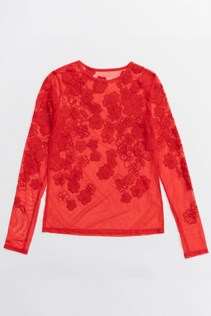 【メゾンスペシャル/MAISON SPECIAL】のFlower Embroidery Sheer Tops/フラワーエンブロイダリーシアートップス インテリア・キッズ・メンズ・レディースファッション・服の通販 founy(ファニー) 　ファッション　Fashion　レディースファッション　Fashion for Women　トップス・カットソー　Cut & Sew Tops　シャツ・ブラウス・オフィスカジュアル　Elegant Blouses & Button-Ups　ロングTシャツ・Tシャツ　Longline T-Shirts & Tees　カットソー・ベーシックTシャツ　Cut-and-Sewn Tops / Stretch Tees & Basics　2026年　2026　おすすめ　Recommended / Our Picks　インナー　Innerwear　ジャケット　Jacket, Outerwear　スリーブ　Sleeve, Long Sleeve / Short Sleeve　フラワー　Flower, Floral　ロング　Long, Long-Length　夏　Summer　春　Spring　S/S・春夏　SS, Spring/Summer, Warm Season　RED(レッド)|ID: prp329100004851913 ipo3291000000035610160