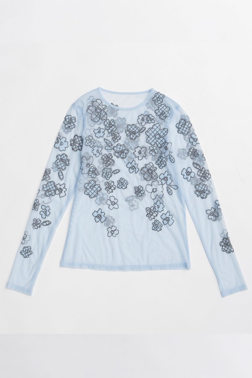 【メゾンスペシャル/MAISON SPECIAL】のFlower Embroidery Sheer Tops/フラワーエンブロイダリーシアートップス インテリア・キッズ・メンズ・レディースファッション・服の通販 founy(ファニー) 　ファッション　Fashion　レディースファッション　Fashion for Women　トップス・カットソー　Cut & Sew Tops　シャツ・ブラウス・オフィスカジュアル　Elegant Blouses & Button-Ups　ロングTシャツ・Tシャツ　Longline T-Shirts & Tees　カットソー・ベーシックTシャツ　Cut-and-Sewn Tops / Stretch Tees & Basics　2026年　2026　おすすめ　Recommended / Our Picks　インナー　Innerwear　ジャケット　Jacket, Outerwear　スリーブ　Sleeve, Long Sleeve / Short Sleeve　フラワー　Flower, Floral　ロング　Long, Long-Length　夏　Summer　春　Spring　S/S・春夏　SS, Spring/Summer, Warm Season　BLU(ブルー)|ID: prp329100004851913 ipo3291000000035610161