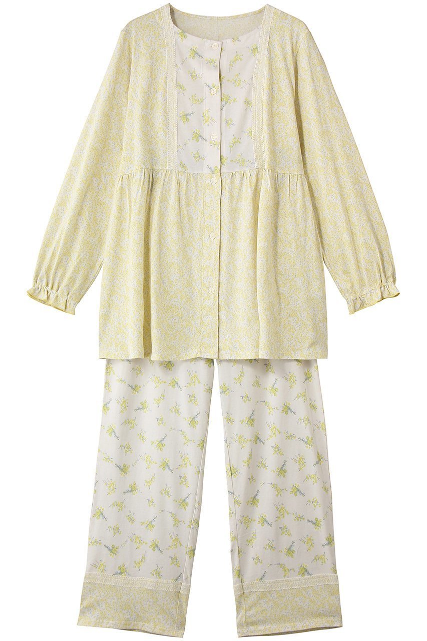 【キッドブルー/KID BLUE】の26ブリティッシュブーケNパジャマ インテリア・キッズ・メンズ・レディースファッション・服の通販 founy(ファニー) 　ファッション　Fashion　レディースファッション　Fashion for Women　トップス・カットソー　Cut & Sew Tops　ギャザー　Gathered, Ruffled　スリーブ　Sleeve, Long Sleeve / Short Sleeve　パジャマ　Pajamas, Sleepwear　プリント　Print, Printed Pattern　レース　Lace, Lace Fabric　ロング　Long, Long-Length　新作・新入荷　New Arrivals / New In　春　Spring　イエロー|ID: prp329100004852252 ipo3291000000035876424