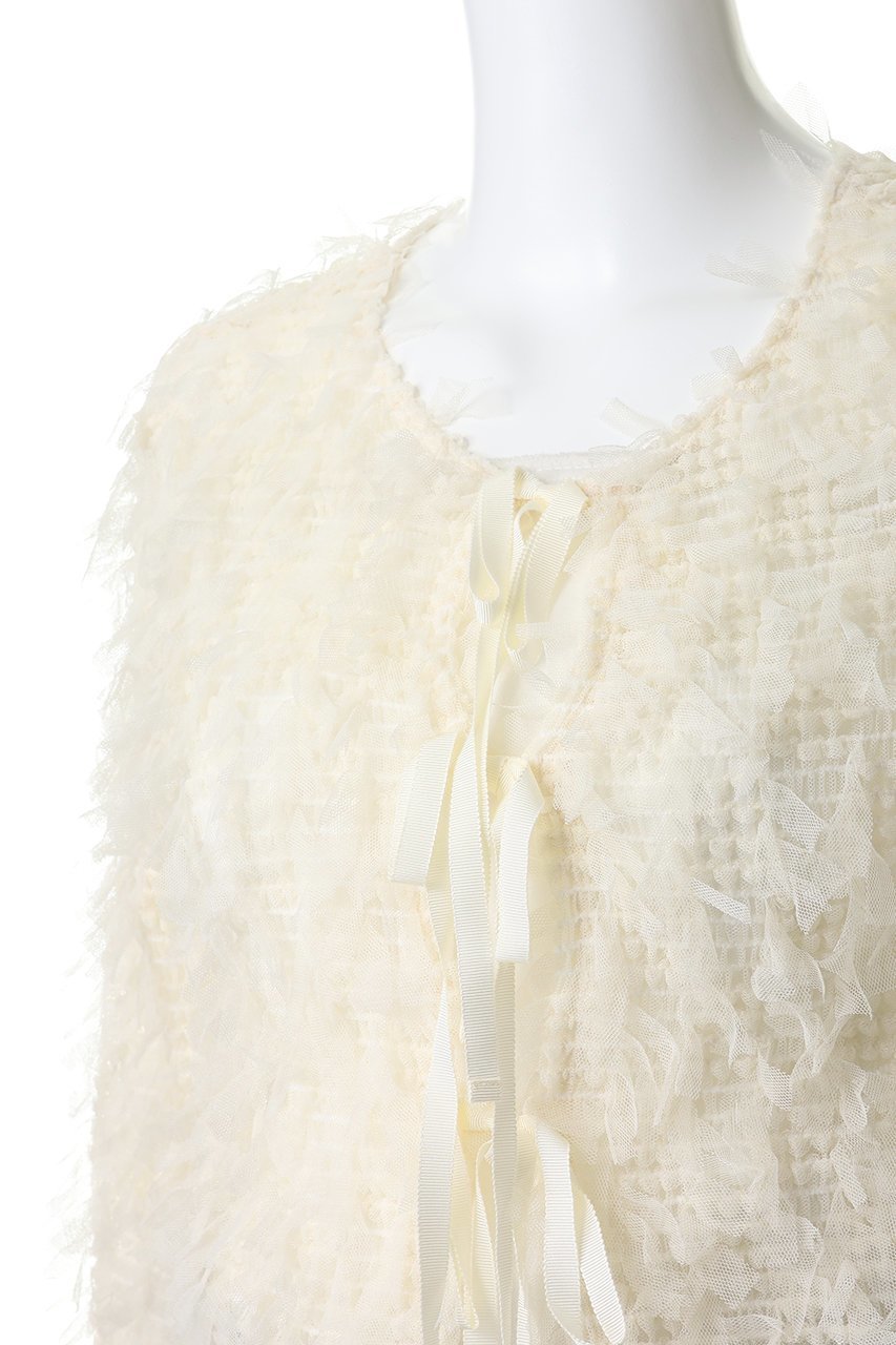 【ルール ロジェット/leur logette】のストレッチチュールカーディガン 人気、トレンドファッション・服の通販 founy(ファニー) 　ファッション　Fashion　レディースファッション　Fashion for Women　トップス・カットソー　Cut & Sew Tops　カーディガン・羽織り　Layered Style Cardigans　シャツ・ブラウス・オフィスカジュアル　Elegant Blouses & Button-Ups　ロングTシャツ・Tシャツ　Longline T-Shirts & Tees　カットソー・ベーシックTシャツ　Cut-and-Sewn Tops / Stretch Tees & Basics　カーディガン　Cardigan, Knitwear　ストレッチ　Stretch, Stretchy Fabric　チュール　Tulip, Tulip Motif　フロント　Front, Front Design　リボン　Ribbon, Bow　再入荷　Restock / Back in Stock　other-5|ID: prp329100004852715 ipo3291000000036414799