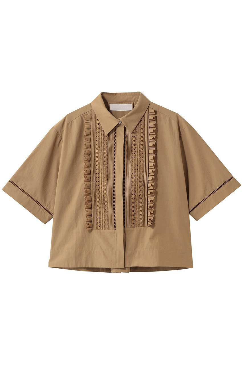 【マリリンムーン/MARILYN MOON】のハシゴレースタックフリルシャツ インテリア・キッズ・メンズ・レディースファッション・服の通販 founy(ファニー) 　ファッション　Fashion　レディースファッション　Fashion for Women　トップス・カットソー　Cut & Sew Tops　シャツ・ブラウス・オフィスカジュアル　Elegant Blouses & Button-Ups　2026年　2026　クロップド　Cropped, Short Length　コンパクト　Compact, Small Size　ショート　Short, Short Length　ジャケット　Jacket, Outerwear　スリーブ　Sleeve, Long Sleeve / Short Sleeve　バランス　Balance, Style Balance　フリル　Frill, Ruffle　ボックス　Boxy, Box Shape　レース　Lace, Lace Fabric　半袖　Short Sleeve, Half Sleeve　夏　Summer　春　Spring　S/S・春夏　SS, Spring/Summer, Warm Season　キャメル|ID: prp329100004854636 ipo3291000000035719298