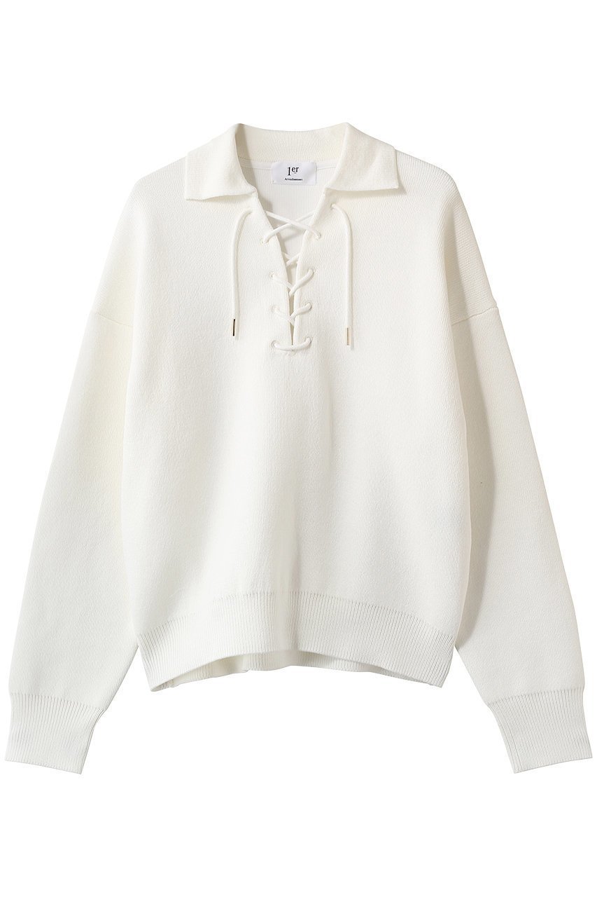 【プルミエ アロンディスモン/1er Arrondissement】のレースアップポロニットプルオーバー 人気、トレンドファッション・服の通販 founy(ファニー) 　ファッション　Fashion　レディースファッション　Fashion for Women　トップス・カットソー　Cut & Sew Tops　ニット　Knit Tops & Sweaters　カジュアルプルオーバー・ニットトップス　Pullovers & Knit Tops / Casual Pullovers　2026年　2026　おすすめ　Recommended / Our Picks　デニム　Denim, Jeans Material　フロント　Front, Front Design　ボトム　Bottoms, Lower Wear　レース　Lace, Lace Fabric　ワイド　Wide, Wide Fit　夏　Summer　春　Spring　S/S・春夏　SS, Spring/Summer, Warm Season　 other-1|ID: prp329100004854653 ipo3291000000035719512