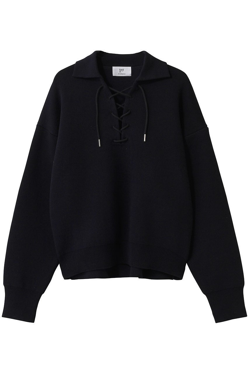 【プルミエ アロンディスモン/1er Arrondissement】のレースアップポロニットプルオーバー インテリア・キッズ・メンズ・レディースファッション・服の通販 founy(ファニー) 　ファッション　Fashion　レディースファッション　Fashion for Women　トップス・カットソー　Cut & Sew Tops　ニット　Knit Tops & Sweaters　カジュアルプルオーバー・ニットトップス　Pullovers & Knit Tops / Casual Pullovers　2026年　2026　おすすめ　Recommended / Our Picks　デニム　Denim, Jeans Material　フロント　Front, Front Design　ボトム　Bottoms, Lower Wear　レース　Lace, Lace Fabric　ワイド　Wide, Wide Fit　夏　Summer　春　Spring　S/S・春夏　SS, Spring/Summer, Warm Season　ネイビー|ID: prp329100004854653 ipo3291000000035719514