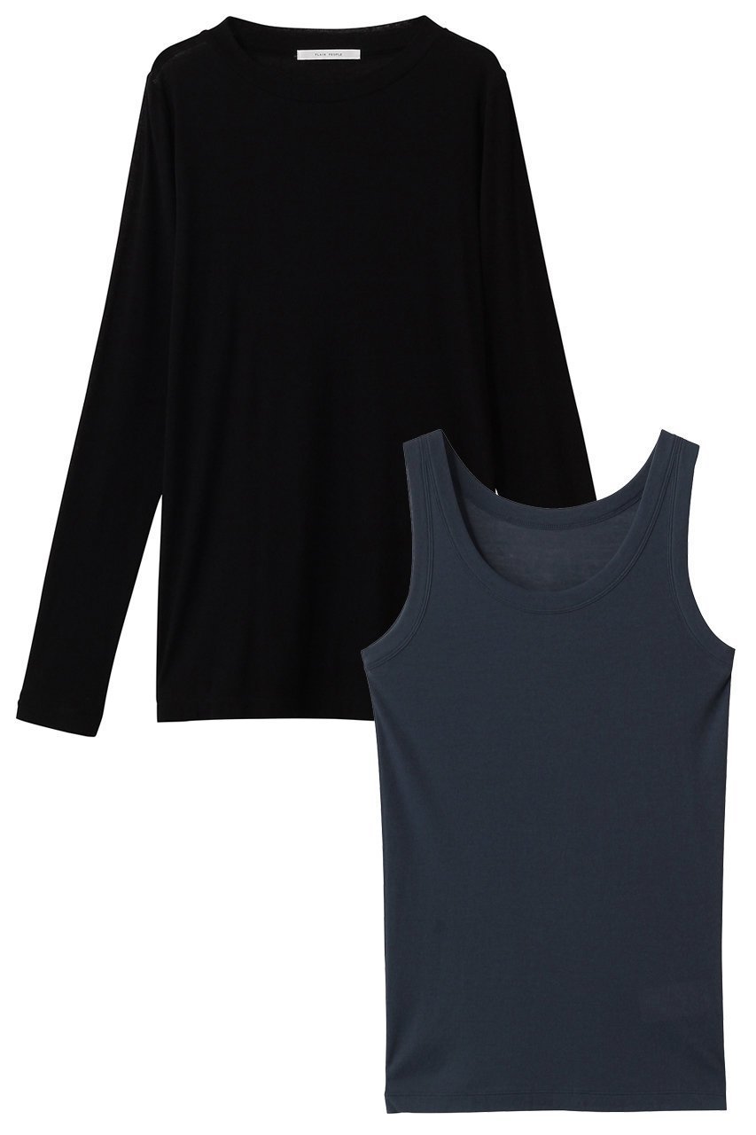 【プレインピープル/PLAIN PEOPLE】のコットンT×タンク 2ピースセット インテリア・キッズ・メンズ・レディースファッション・服の通販 founy(ファニー) ファッション Fashion レディースファッション Fashion for Women トップス・カットソー Cut & Sew Tops シャツ・ブラウス・オフィスカジュアル Elegant Blouses & Button-Ups ロングTシャツ・Tシャツ Longline T-Shirts & Tees カットソー・ベーシックTシャツ Cut-and-Sewn Tops / Stretch Tees & Basics 2026年 2026 スリーブ Sleeve, Long Sleeve / Short Sleeve タンク Tank Top, Sleeveless Top ロング Long, Long-Length 夏 Summer 春 Spring S/S・春夏 SS, Spring/Summer, Warm Season 長袖 Long Sleeve, Full Sleeve ブラック×ブルーグレー|ID: prp329100004857882 ipo3291000000035876747