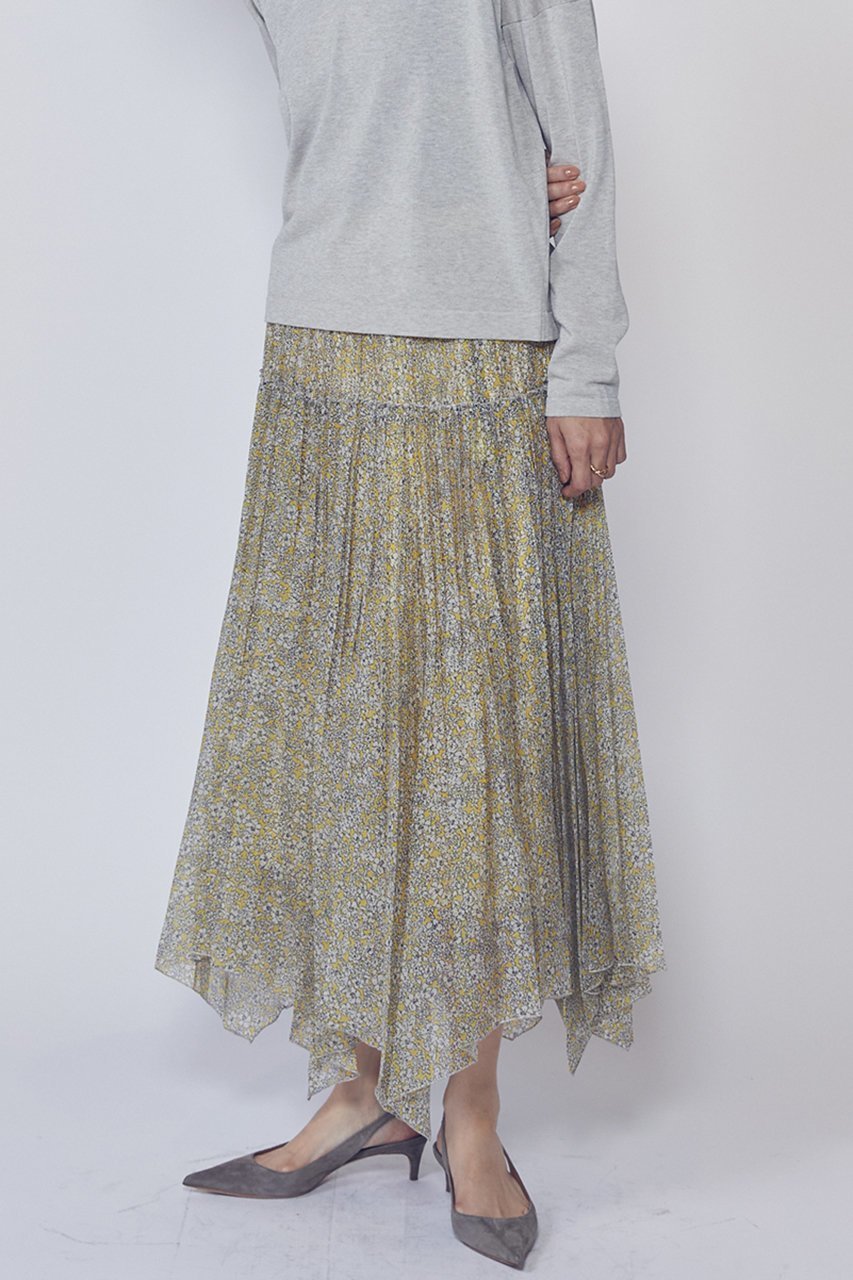 【プルミエ アロンディスモン/1er Arrondissement】のハミングバードプリントプリーツスカート インテリア・キッズ・メンズ・レディースファッション・服の通販 founy(ファニー) 　ファッション　Fashion　レディースファッション　Fashion for Women　スカート　Skirts　プリーツスカート / 上品フェミニンスタイル　Pleated Skirts　ロングスカート　Long Skirts / Maxi & Midi Skirts　イレギュラーヘム　Irregular Hem　オーガンジー　Organza Fabric　プリント　Print, Printed Pattern　プリーツ　Pleats, Pleated　ロング　Long, Long-Length　イエロー|ID: prp329100004857914 ipo3291000000036146242