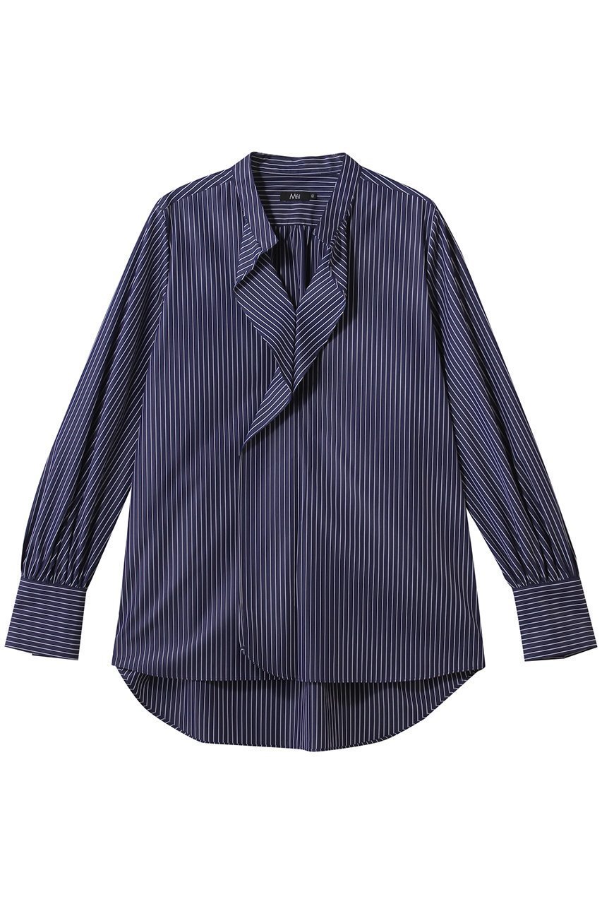 【エムフィル/M Fil】のポリエステル コットン ストライプシャープ フリルブラウス インテリア・キッズ・メンズ・レディースファッション・服の通販 founy(ファニー) 　ファッション　Fashion　レディースファッション　Fashion for Women　トップス・カットソー　Cut & Sew Tops　シャツ・ブラウス・オフィスカジュアル　Elegant Blouses & Button-Ups　2026年　2026　ストライプ　Stripe, Striped Pattern　スリーブ　Sleeve, Long Sleeve / Short Sleeve　タイトスカート　Pencil Skirt, Tight Skirt　フリル　Frill, Ruffle　マニッシュ　Mannish, Boyish　ロング　Long, Long-Length　エレガント 上品　Elegant　人気　Popular, Best Seller　吸水　Absorbent, Quick-Dry　夏　Summer　春　Spring　S/S・春夏　SS, Spring/Summer, Warm Season　軽量　Lightweight, Ultra Light　ネイビー|ID: prp329100004860801 ipo3291000000035999876