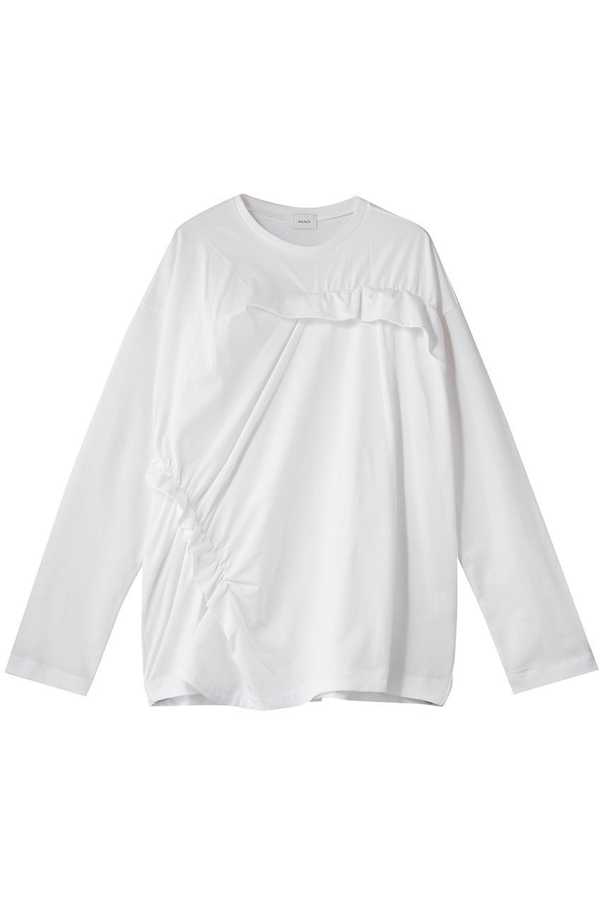 【マノフ/MANOF】のFRILLED LONG T-SHIRTトップス インテリア・キッズ・メンズ・レディースファッション・服の通販 founy(ファニー) 　ファッション　Fashion　レディースファッション　Fashion for Women　トップス・カットソー　Cut & Sew Tops　シャツ・ブラウス・オフィスカジュアル　Elegant Blouses & Button-Ups　ロングTシャツ・Tシャツ　Longline T-Shirts & Tees　カットソー・ベーシックTシャツ　Cut-and-Sewn Tops / Stretch Tees & Basics　2026年　2026　アシンメトリー　Asymmetrical Style　スリーブ　Sleeve, Long Sleeve / Short Sleeve　ドレープ　Drape, Draping Fabric　フリル　Frill, Ruffle　ロング　Long, Long-Length　夏　Summer　春　Spring　S/S・春夏　SS, Spring/Summer, Warm Season　WHITE|ID: prp329100004862940 ipo3291000000036147325