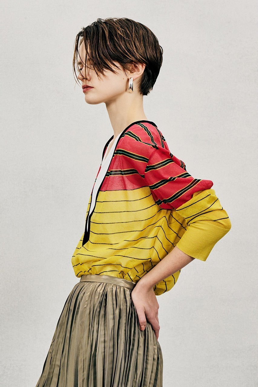 【オブリオ/AUBRIOT】のロージーコットンエステルVネックニット インテリア・キッズ・メンズ・レディースファッション・服の通販 founy(ファニー) ファッション Fashion レディースファッション Fashion for Women トップス・カットソー Cut & Sew Tops ニット Knit Tops & Sweaters カジュアルプルオーバー・ニットトップス Pullovers & Knit Tops / Casual Pullovers Vネックトップス V-Neck Tops / V-Cut Neckline Shirts フォルム Silhouette, Form ボーダー Border, Stripe モダン Modern, Contemporary イエロー|ID: prp329100004865163 ipo3291000000036622562