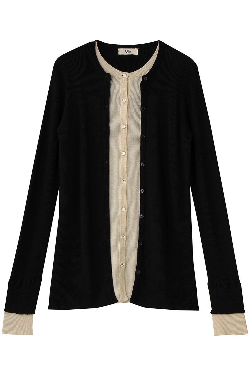 【ウーア/Uhr】のリブ レイヤード カーディガン インテリア・キッズ・メンズ・レディースファッション・服の通販 founy(ファニー) 　ファッション　Fashion　レディースファッション　Fashion for Women　トップス・カットソー　Cut & Sew Tops　ニット　Knit Tops & Sweaters　カーディガン・羽織り　Layered Style Cardigans　2026年　2026　カーディガン　Cardigan, Knitwear　シンプル　Simple, Minimal　スリット　Slit, Slit Detail　ボトム　Bottoms, Lower Wear　夏　Summer　春　Spring　S/S・春夏　SS, Spring/Summer, Warm Season　オフホワイト×ブラック|ID: prp329100004865256 ipo3291000000036212568