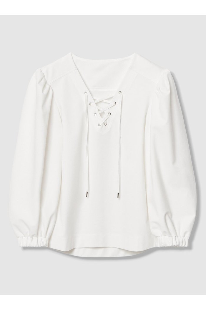 【アルアバイル/allureville】の【LOULOU WILLOUGHBY】モックロディレースアップマリンプルオーバー インテリア・キッズ・メンズ・レディースファッション・服の通販 founy(ファニー) https://founy.com/ ファッション Fashion レディースファッション Fashion for Women トップス・カットソー Cut & Sew Tops シャツ・ブラウス・オフィスカジュアル Elegant Blouses & Button-Ups ロングTシャツ・Tシャツ Longline T-Shirts & Tees カジュアルプルオーバー・ニットトップス Pullovers & Knit Tops / Casual Pullovers カットソー・ベーシックTシャツ Cut-and-Sewn Tops / Stretch Tees & Basics 2026年 2026 ギャザー Gathered, Ruffled グログラン Grosgrain, Grosgrain Ribbon スピンドル Spindle, Drawcord スリット Slit, Slit Detail スリーブ Sleeve, Long Sleeve / Short Sleeve トレンド Trend, Trending Now フォルム Silhouette, Form ヨーク Yoke, Yoke Design ロング Long, Long-Length エレガント 上品 Elegant 夏 Summer 春 Spring S/S・春夏 SS, Spring/Summer, Warm Season |ID: prp329100004865295 ipo3291000000036212850