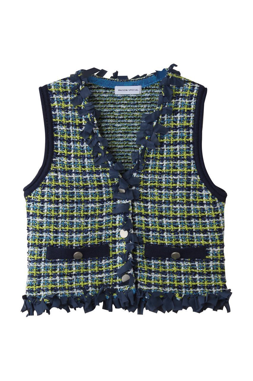 【メゾンスペシャル/MAISON SPECIAL】のTweed Knit Vest/ツイードニットベスト インテリア・キッズ・メンズ・レディースファッション・服の通販 founy(ファニー) 　ファッション　Fashion　レディースファッション　Fashion for Women　トップス・カットソー　Cut & Sew Tops　ニット　Knit Tops & Sweaters　ベスト&ジレ / 重ね着スタイル　Vests & Gilets　カジュアルプルオーバー・ニットトップス　Pullovers & Knit Tops / Casual Pullovers　クラシック　Classic, Timeless Style　ツイード　Twill, Twill Weave　フリル　Frill, Ruffle　フロント　Front, Front Design　ベスト　Vest, Waistcoat　BLU(ブルー)|ID: prp329100004872577 ipo3291000000036342354
