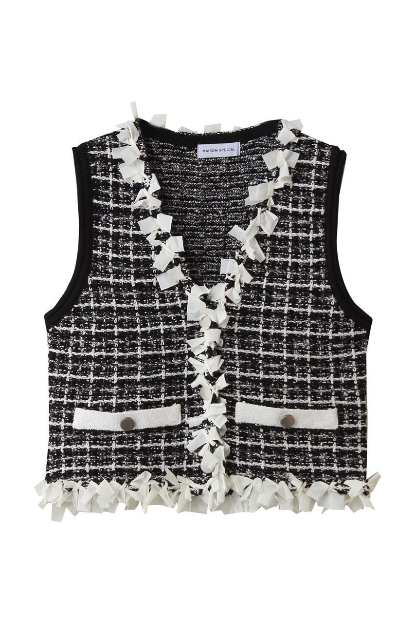 【メゾンスペシャル/MAISON SPECIAL】のTweed Knit Vest/ツイードニットベスト インテリア・キッズ・メンズ・レディースファッション・服の通販 founy(ファニー) 　ファッション　Fashion　レディースファッション　Fashion for Women　トップス・カットソー　Cut & Sew Tops　ニット　Knit Tops & Sweaters　ベスト&ジレ / 重ね着スタイル　Vests & Gilets　カジュアルプルオーバー・ニットトップス　Pullovers & Knit Tops / Casual Pullovers　クラシック　Classic, Timeless Style　ツイード　Twill, Twill Weave　フリル　Frill, Ruffle　フロント　Front, Front Design　ベスト　Vest, Waistcoat　BLK(ブラック)|ID: prp329100004872577 ipo3291000000036342355