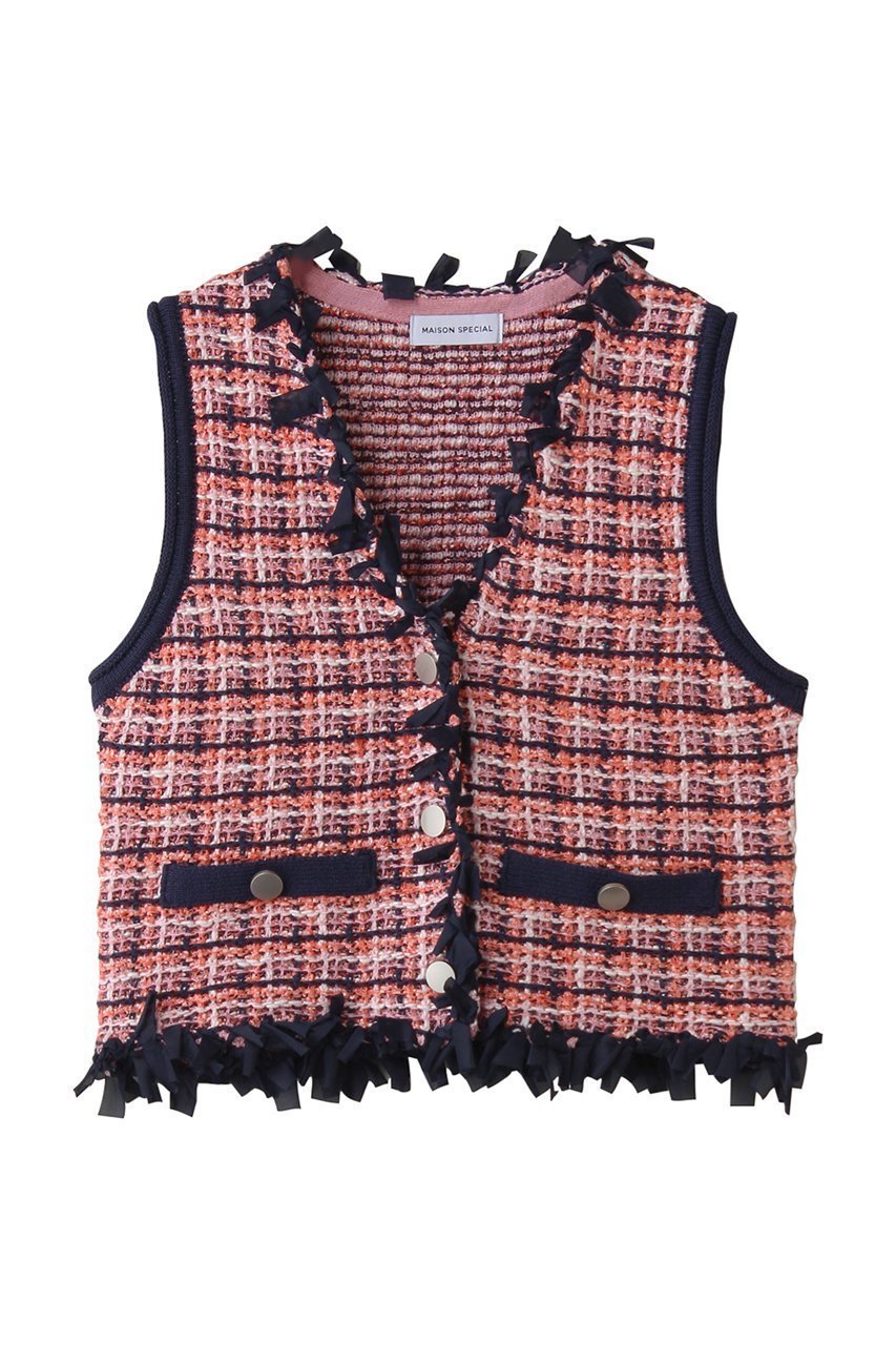 【メゾンスペシャル/MAISON SPECIAL】のTweed Knit Vest/ツイードニットベスト インテリア・キッズ・メンズ・レディースファッション・服の通販 founy(ファニー) 　ファッション　Fashion　レディースファッション　Fashion for Women　トップス・カットソー　Cut & Sew Tops　ニット　Knit Tops & Sweaters　ベスト&ジレ / 重ね着スタイル　Vests & Gilets　カジュアルプルオーバー・ニットトップス　Pullovers & Knit Tops / Casual Pullovers　クラシック　Classic, Timeless Style　ツイード　Twill, Twill Weave　フリル　Frill, Ruffle　フロント　Front, Front Design　ベスト　Vest, Waistcoat　PNK(ピンク)|ID: prp329100004872577 ipo3291000000036342356