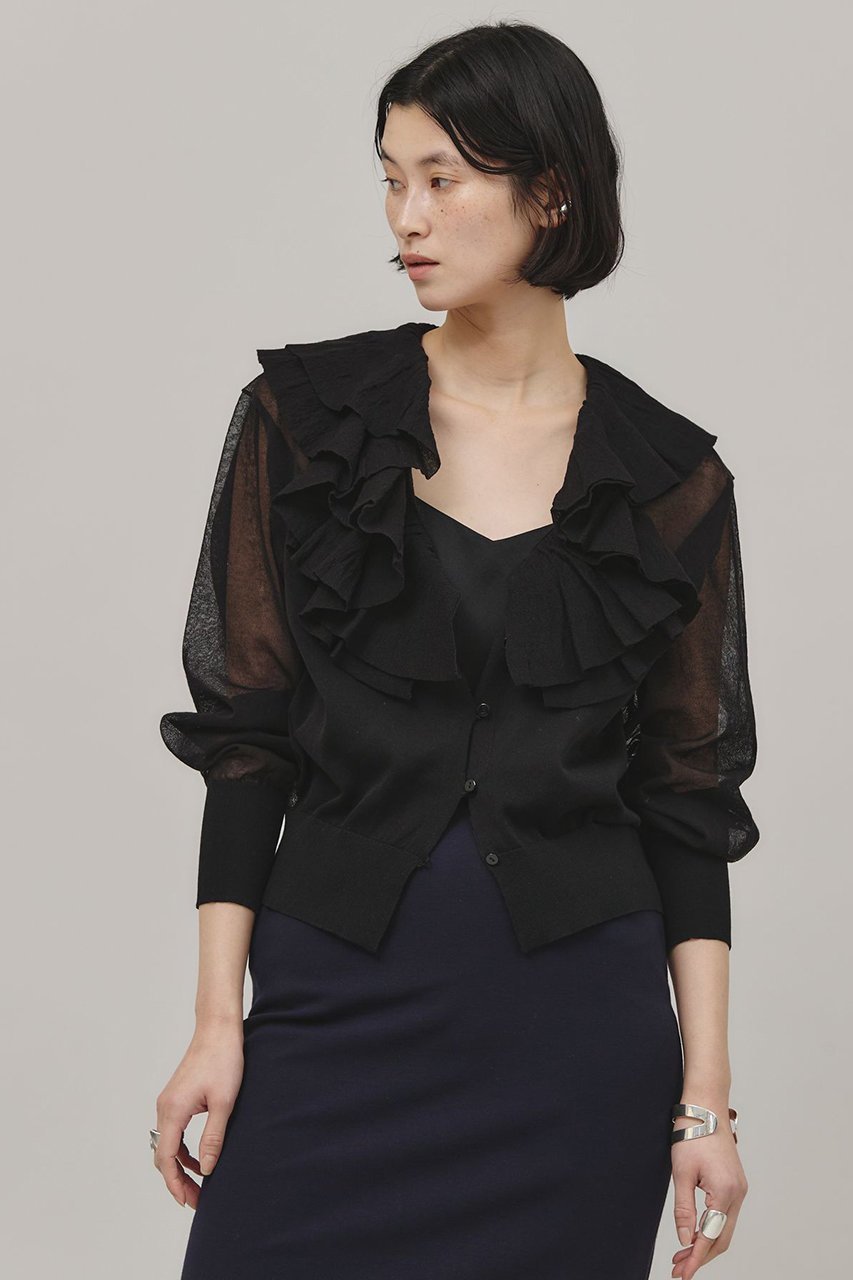 【カレンソロジー/Curensology】のラッフルニットカーディガン インテリア・キッズ・メンズ・レディースファッション・服の通販 founy(ファニー) 　ファッション　Fashion　レディースファッション　Fashion for Women　トップス・カットソー　Cut & Sew Tops　ニット　Knit Tops & Sweaters　カーディガン・羽織り　Layered Style Cardigans　カーディガン　Cardigan, Knitwear　フロント　Front, Front Design　ラッフル　Ruffle, Frill　ブラック|ID: prp329100004872773 ipo3291000000036893176