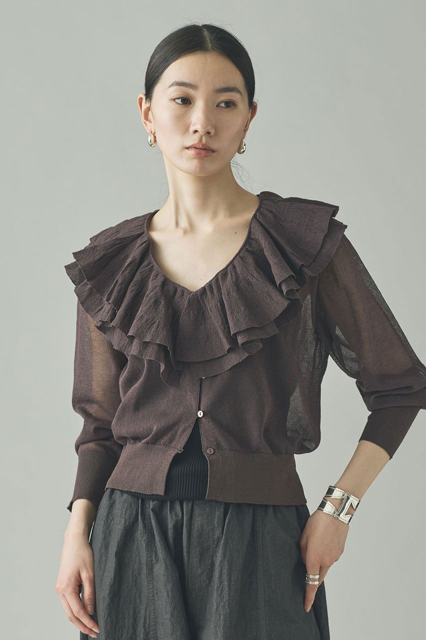 【カレンソロジー/Curensology】のラッフルニットカーディガン インテリア・キッズ・メンズ・レディースファッション・服の通販 founy(ファウニー) 　ファッション　Fashion　レディースファッション　Fashion for Women　トップス・カットソー　Cut & Sew Tops　ニット　Knit Tops & Sweaters　カーディガン・羽織り　Layered Style Cardigans　カーディガン　Cardigan, Knitwear　フロント　Front, Front Design　ラッフル　Ruffle, Frill　ブラウン|ID: prp329100004872773 ipo3291000000037238092