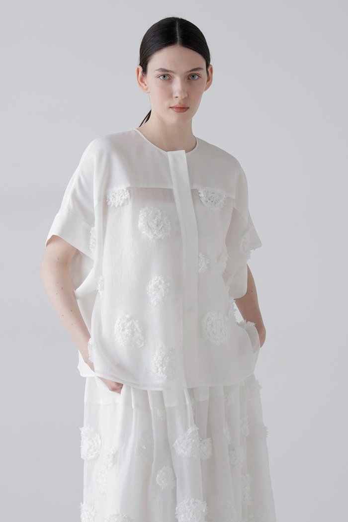 【アドーア/ADORE】のドットフラワーエンブロイダリーブラウス インテリア・キッズ・メンズ・レディースファッション・服の通販 founy(ファニー) https://founy.com/ ファッション Fashion レディースファッション Fashion for Women トップス・カットソー Cut & Sew Tops シャツ・ブラウス・オフィスカジュアル Elegant Blouses & Button-Ups シアー Sheer, See-Through ショート Short, Short Length スリーブ Sleeve, Long Sleeve / Short Sleeve ドッキング Docking, Mixed Material バランス Balance, Style Balance フラワー Flower, Floral モチーフ Motif, Design Theme ランダム Random, Irregular ルーズ Loose, Oversized |ID: prp329100004872885 ipo3291000000036345250