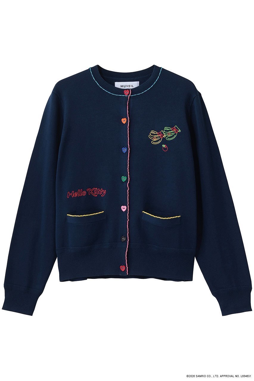 【ミュベール/MUVEIL】のサンリオキャラクターズコラボ ハローキティ カーディガン インテリア・キッズ・メンズ・レディースファッション・服の通販 founy(ファニー) 　ファッション　Fashion　レディースファッション　Fashion for Women　トップス・カットソー　Cut & Sew Tops　ニット　Knit Tops & Sweaters　カーディガン・羽織り　Layered Style Cardigans　なめらか　Smooth, Silky Texture　カーディガン　Cardigan, Knitwear　グログラン　Grosgrain, Grosgrain Ribbon　トレンド　Trend, Trending Now　ベーシック　Basic, Essential　新作・新入荷　New Arrivals / New In　ネイビー|ID: prp329100004873046 ipo3291000000036346536